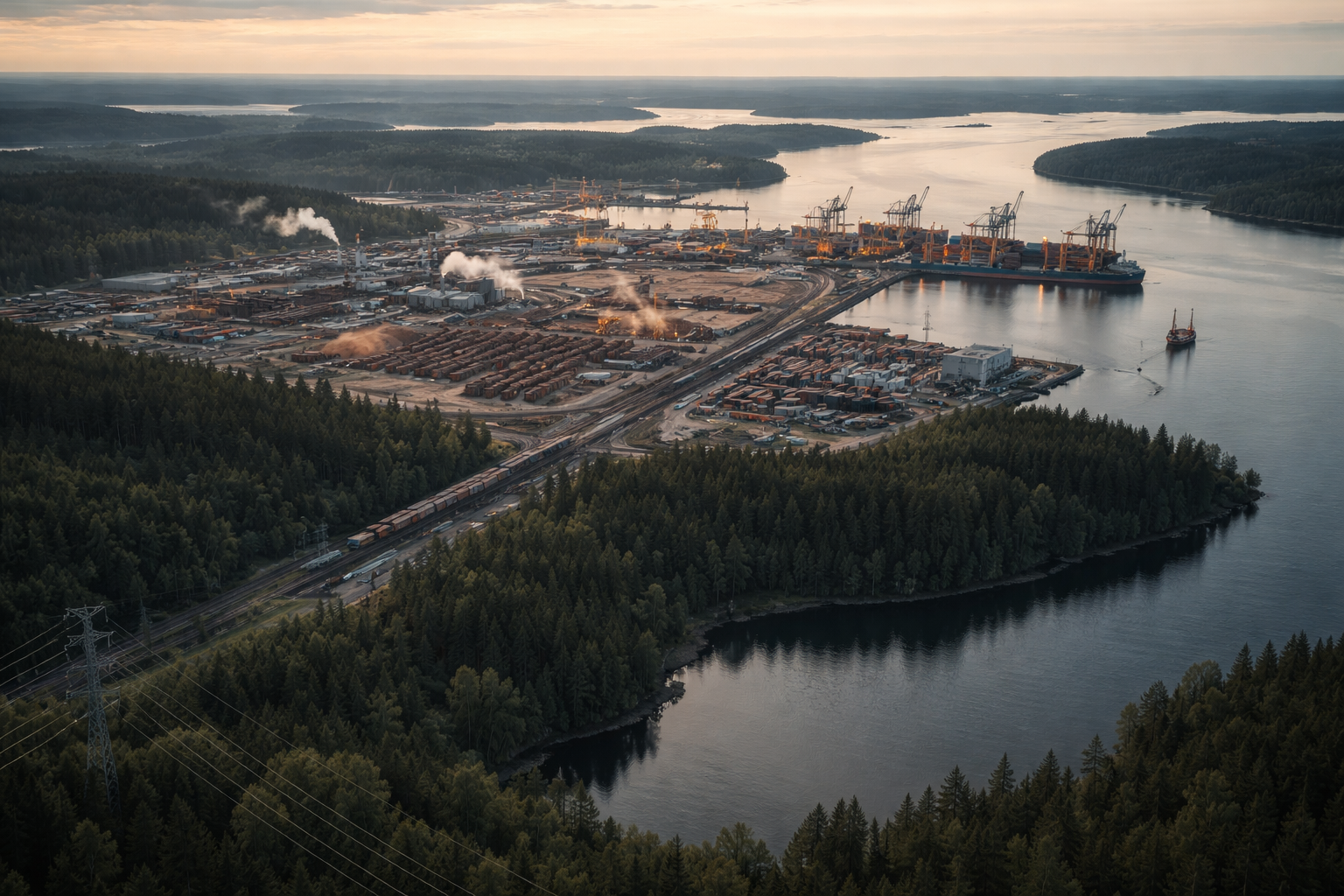 Aerial photograph of a Scandinavian industrial region at dusk, showing forests, timber processing facilities, container yards, and power infrastructure under soft golden light.