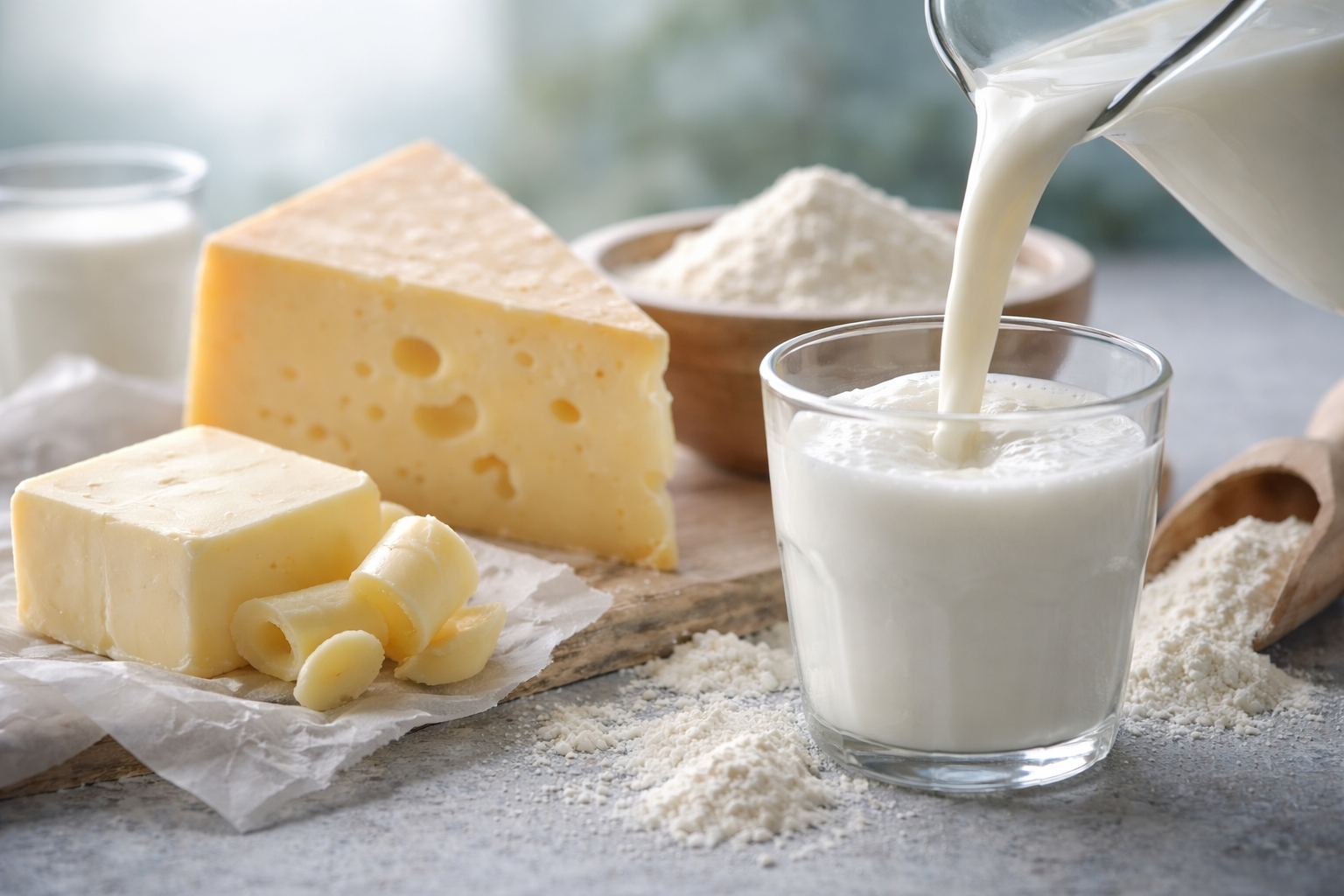 Close-up shot of dairy products including milk, cheese, butter and milk powder arranged on a neutral surface in soft natural light.