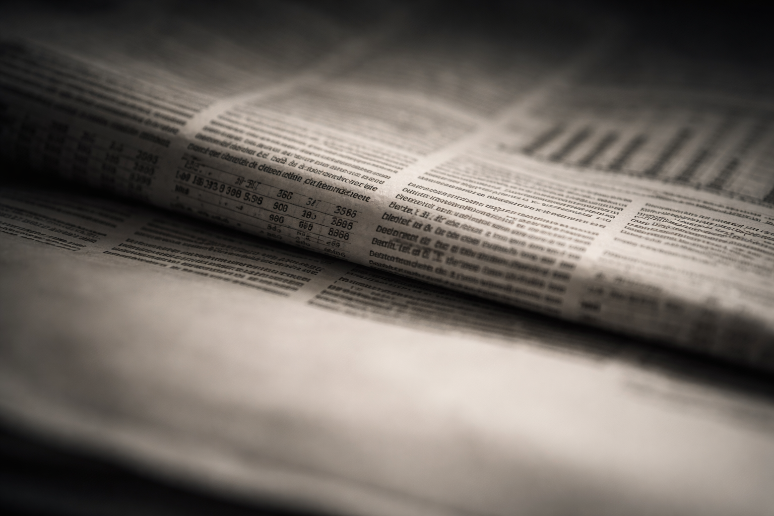 A close-up detail of financial documents and newspaper pages with soft dramatic lighting, suggesting German economic reporting and data analysis.