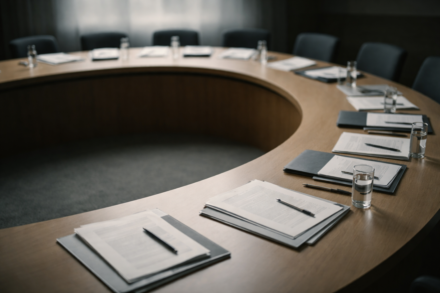 Overhead view of a polished wooden conference table set with papers and writing implements, photographed in soft natural light.