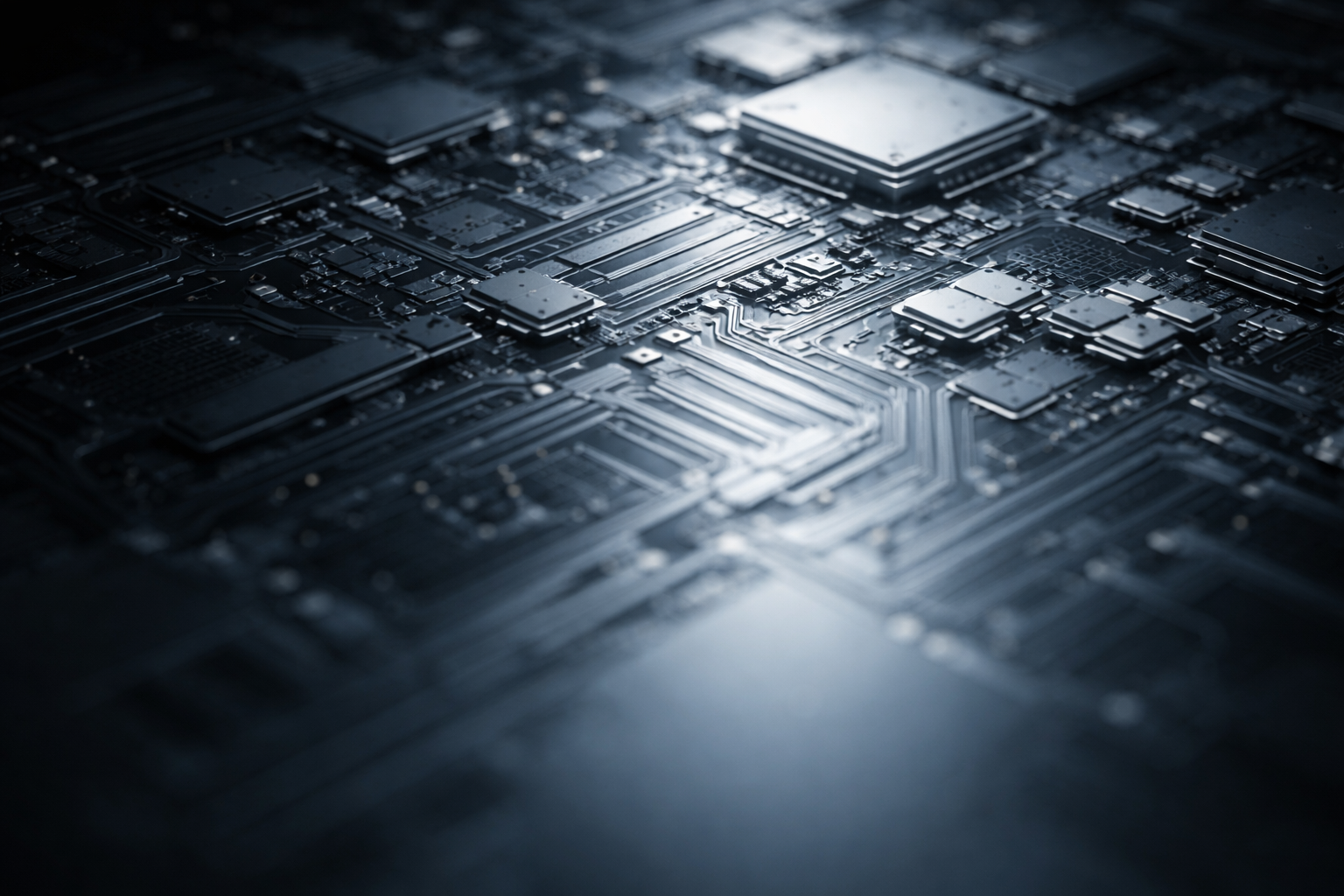 Close-up of a circuit board's metallic surface with geometric patterns and shallow depth of field, showing fine detail in sharp focus above and soft blur below.