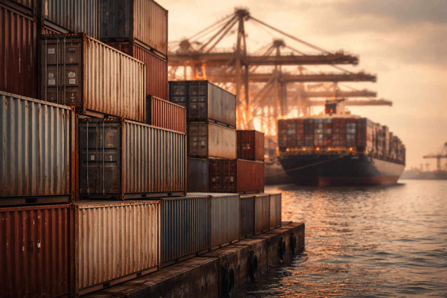 Stacked shipping containers at a busy port during golden hour, with a cargo vessel blurred in the background under warm, diffused light.