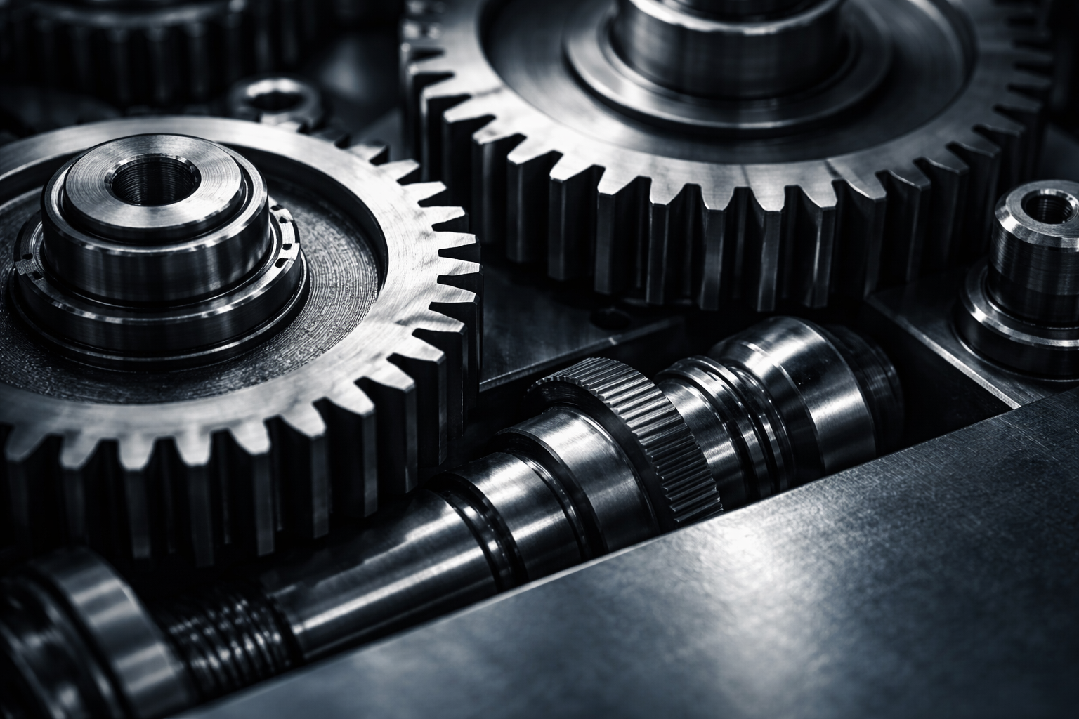 A close-up photograph of industrial metal gears and precision machinery components lit with soft directional light, emphasizing texture and mechanical detail.