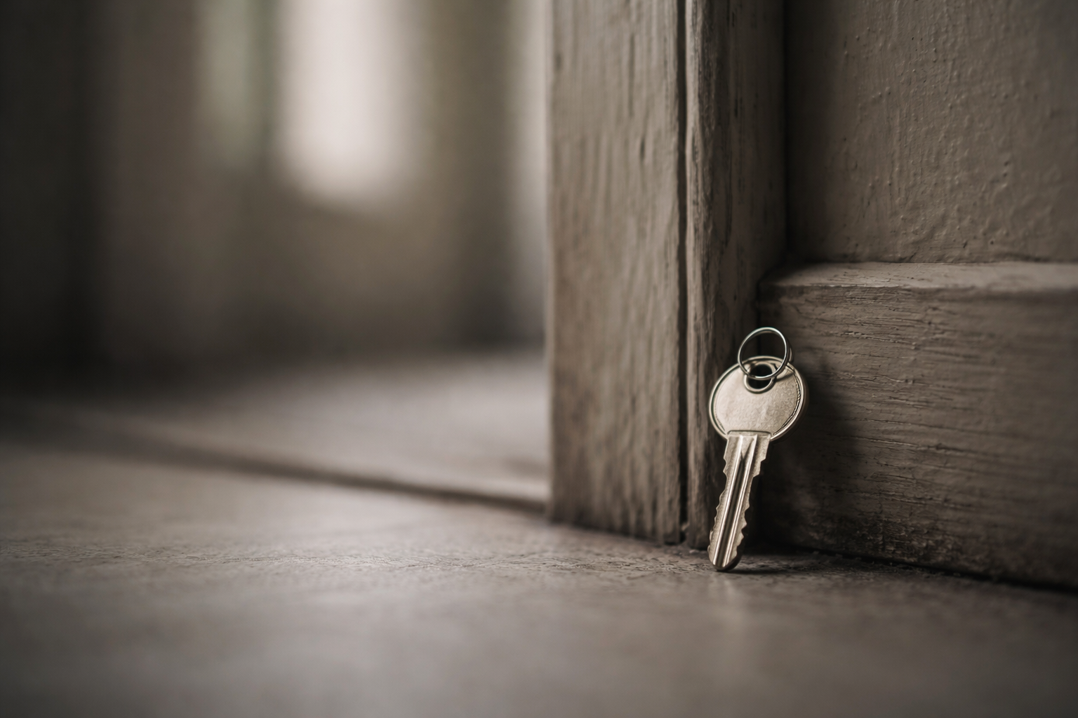 A house key lies against a wooden doorframe in soft natural light, with shallow depth of field and muted earth tones.