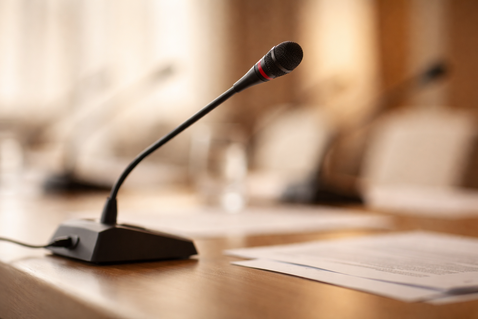 A microphone positioned on a conference table with papers blurred in the background, lit by soft natural light in an institutional meeting setting.