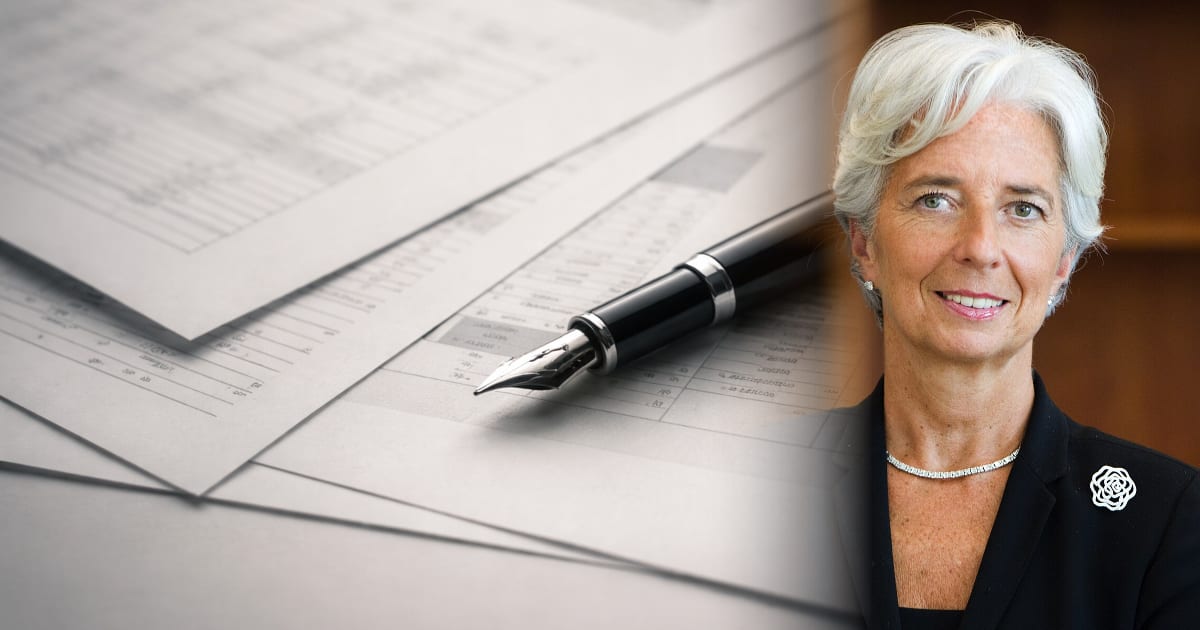 Christine Lagarde — A fountain pen lies across overlapping sheets of survey documents and statistical papers, lit by soft natural light from above, with the papers slightly blurred in a shallow focus composition.