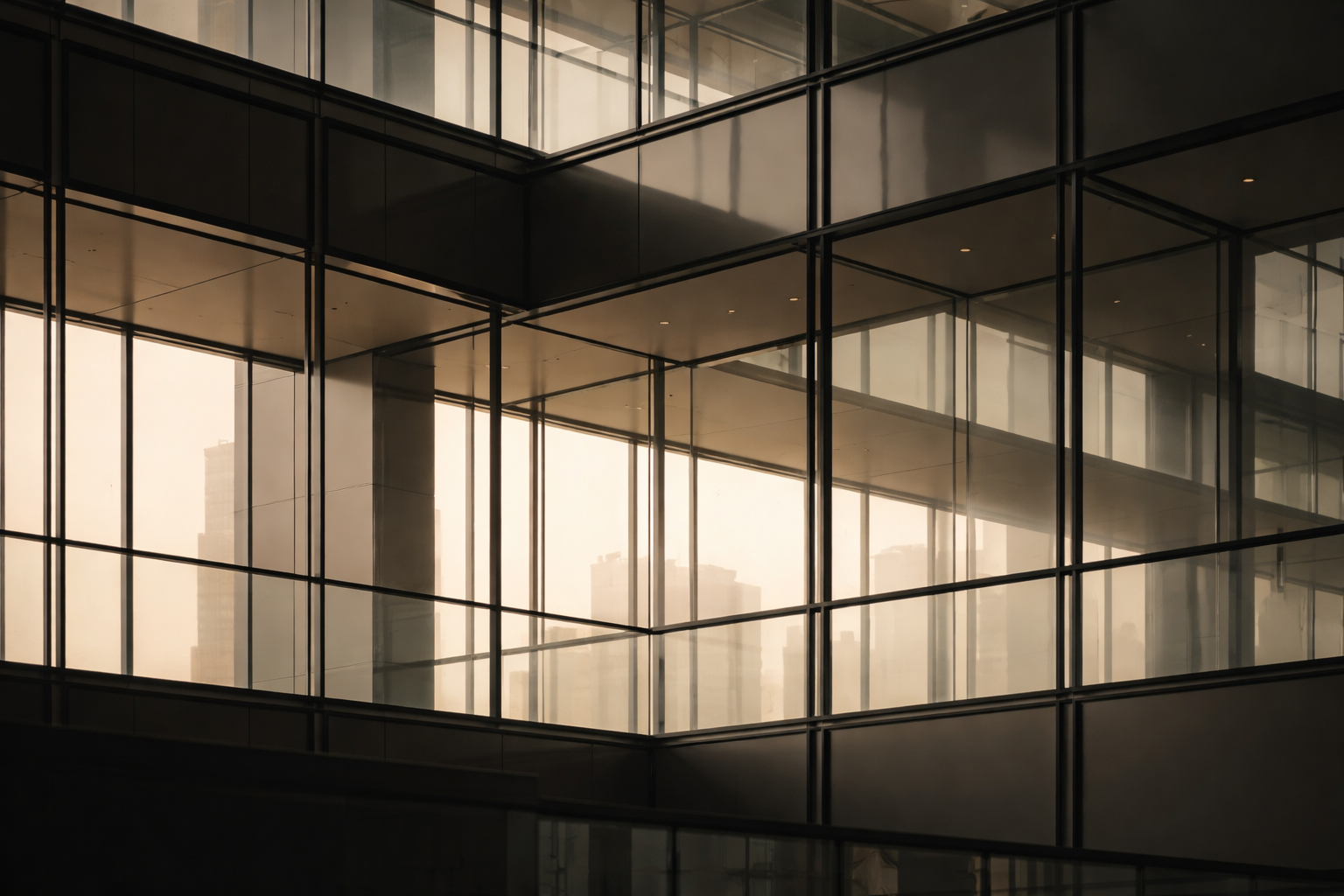 Silhouetted interior architectural elements of a modern office building with geometric glass and steel patterns backlit by soft daylight.