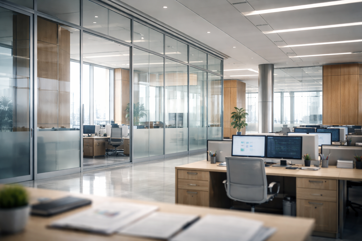 A sunlit office interior with modern glass and steel architecture, showing a professional workspace typical of a financial regulatory agency.