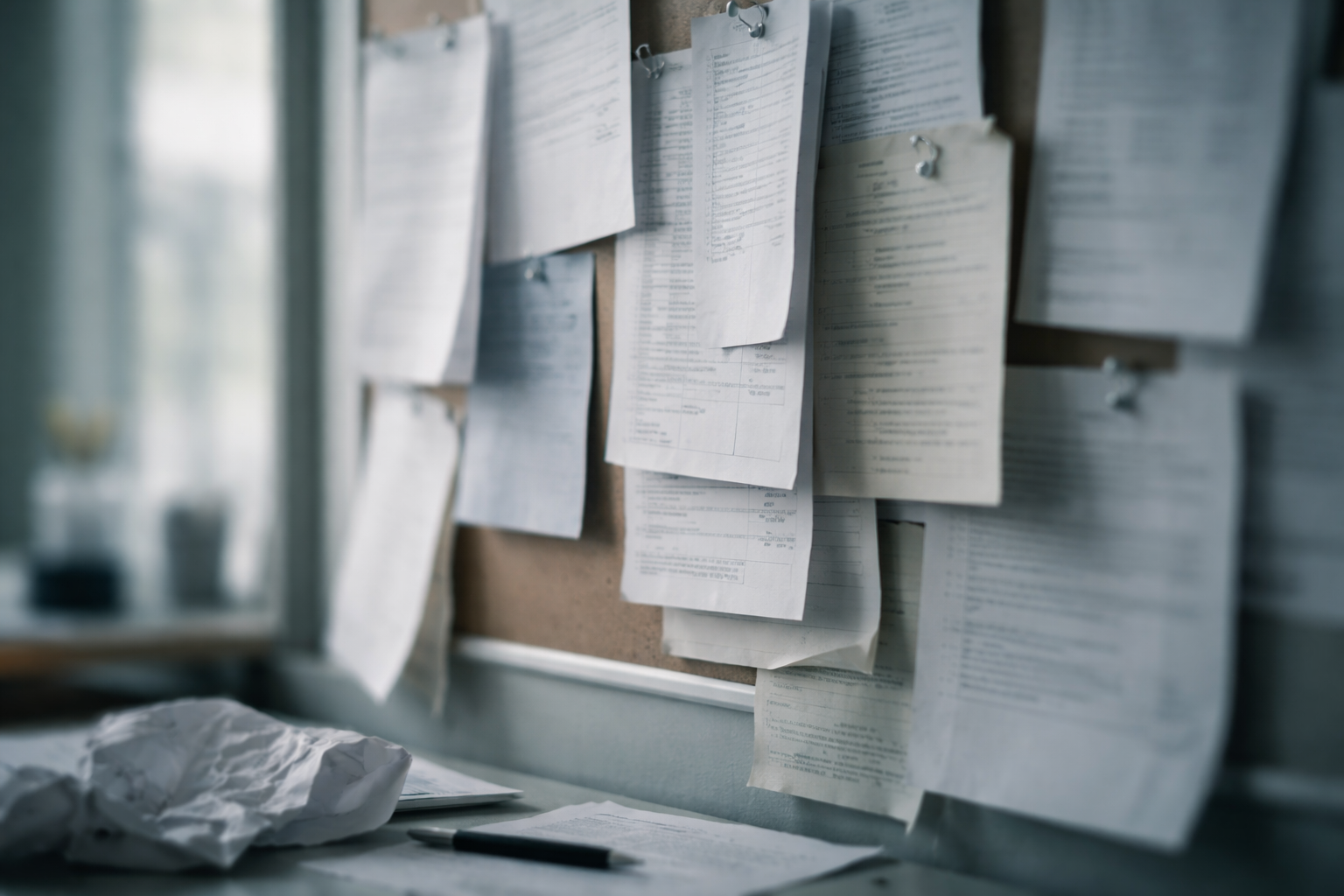 Scattered job application papers and resumes on a surface, photographed in soft natural light with selective focus, suggesting hiring and employment decisions.