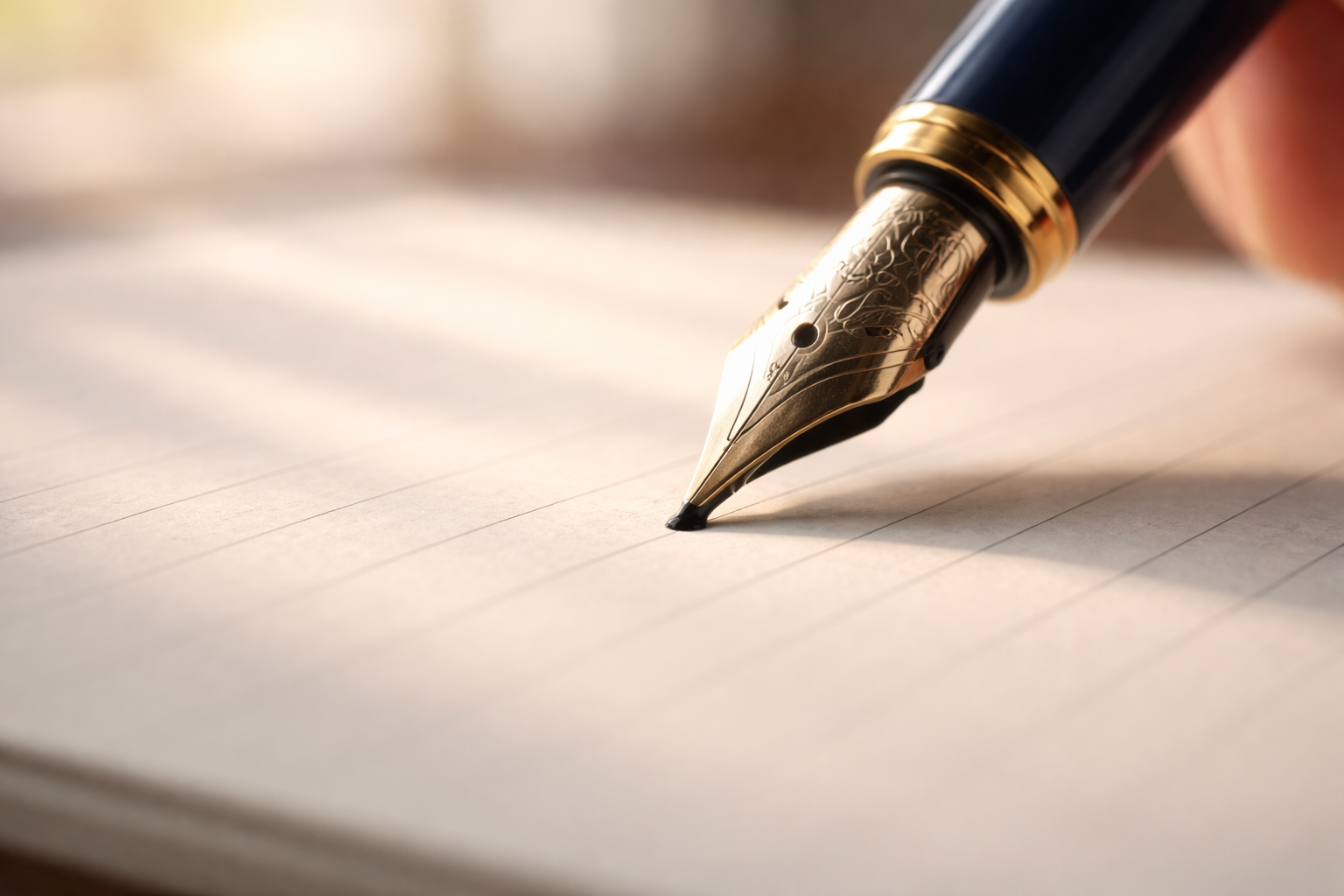A fountain pen writes on white ledger paper in warm morning light, with shallow focus emphasizing the nib and paper texture.