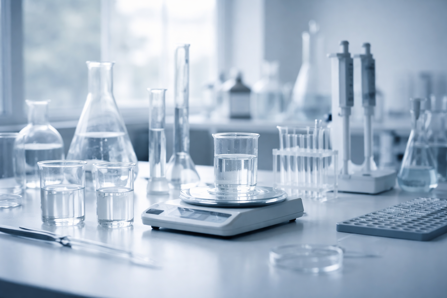 A wide view of laboratory glassware and measuring instruments arranged on a workspace with soft side lighting, suggesting precision and methodical process.