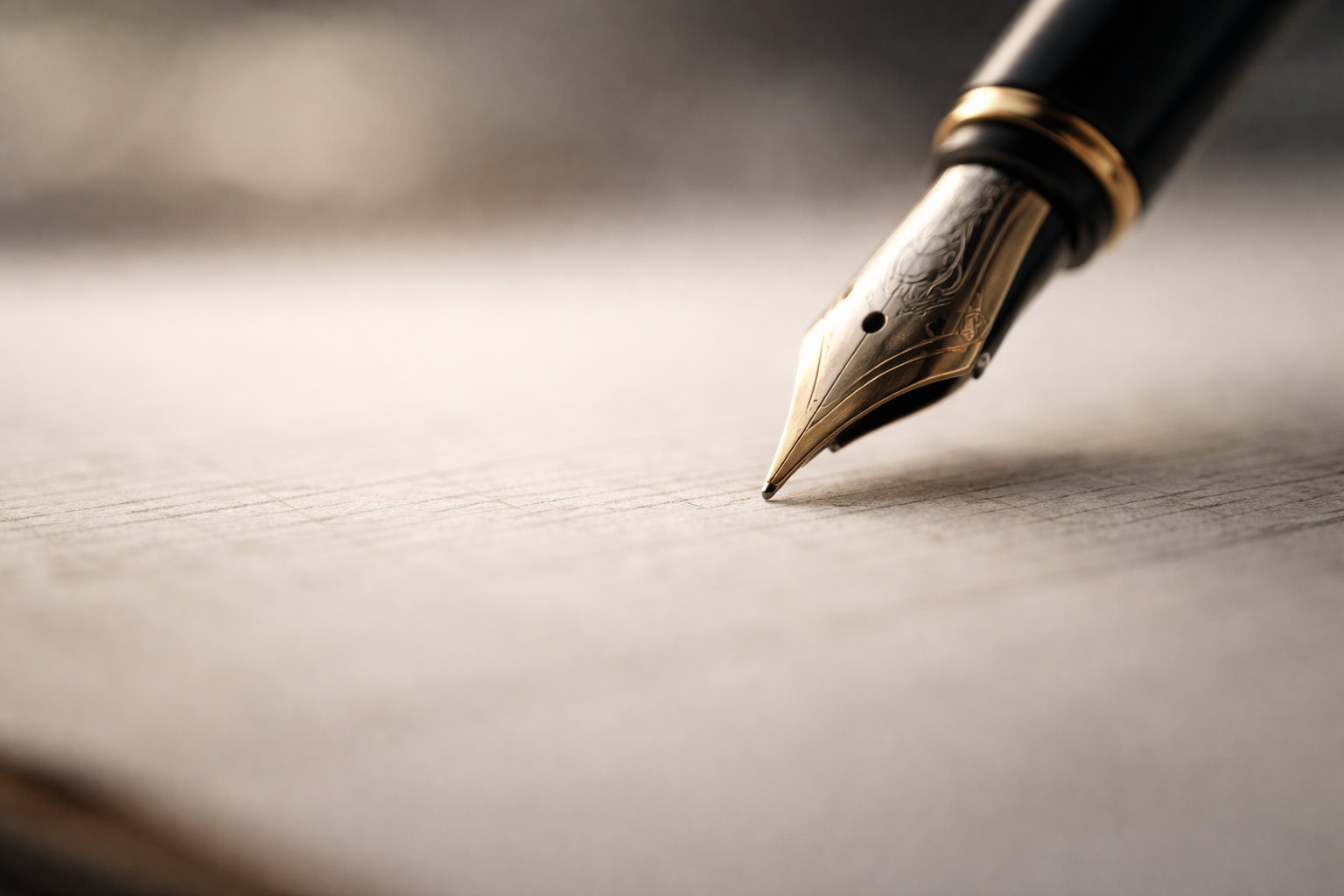 A fountain pen positioned over textured ledger paper in soft natural light, with shallow focus emphasizing the pen nib and document surface.