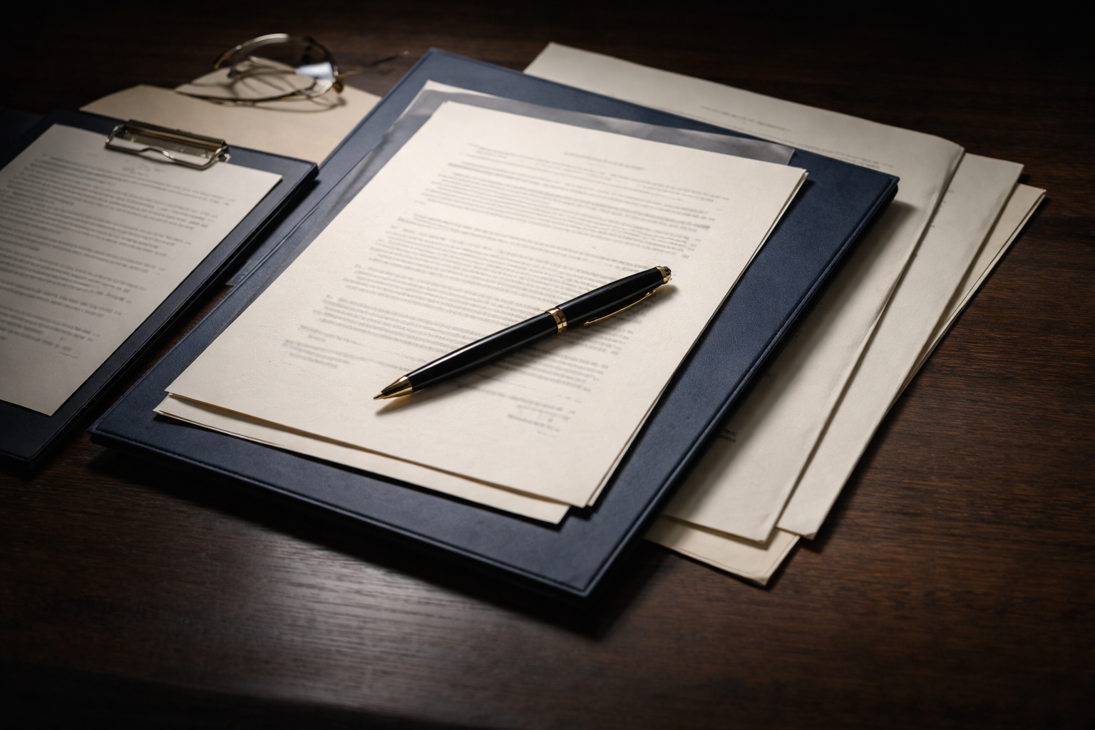 Official documents and a fountain pen arranged on a dark desk, lit with soft directional light creating gentle shadows.