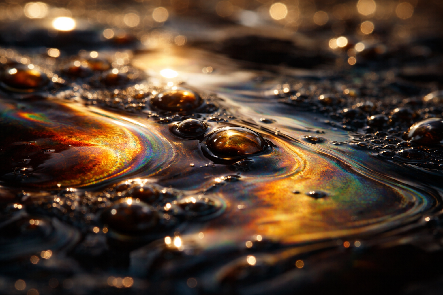 A close-up photograph of crude oil's surface showing iridescent colors and light refraction through translucent amber liquid.