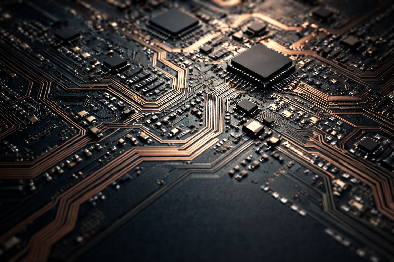 Overhead close-up view of a circuit board's dense network of metallic pathways and electronic components in warm and cool tones.