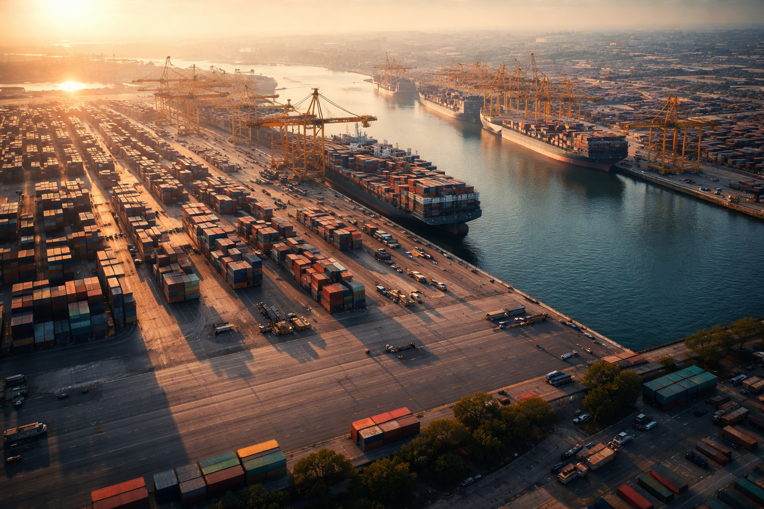 Aerial photograph of a container port at sunrise, showing stacked cargo containers, docked vessels, and loading cranes casting long shadows across the dock.