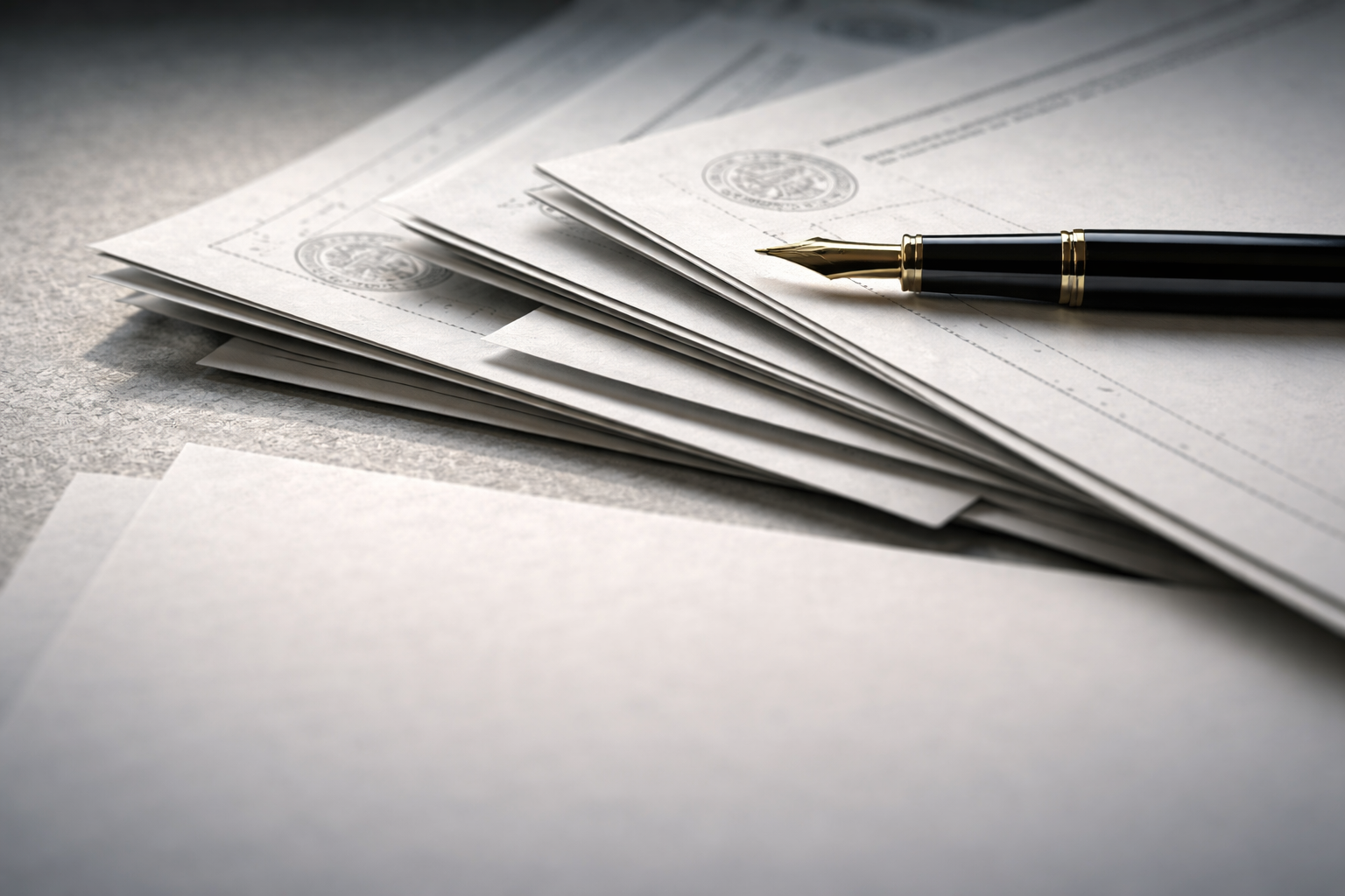 Stacked regulatory documents with a fountain pen, lit by soft natural light to suggest formal government procedures and policy-making.