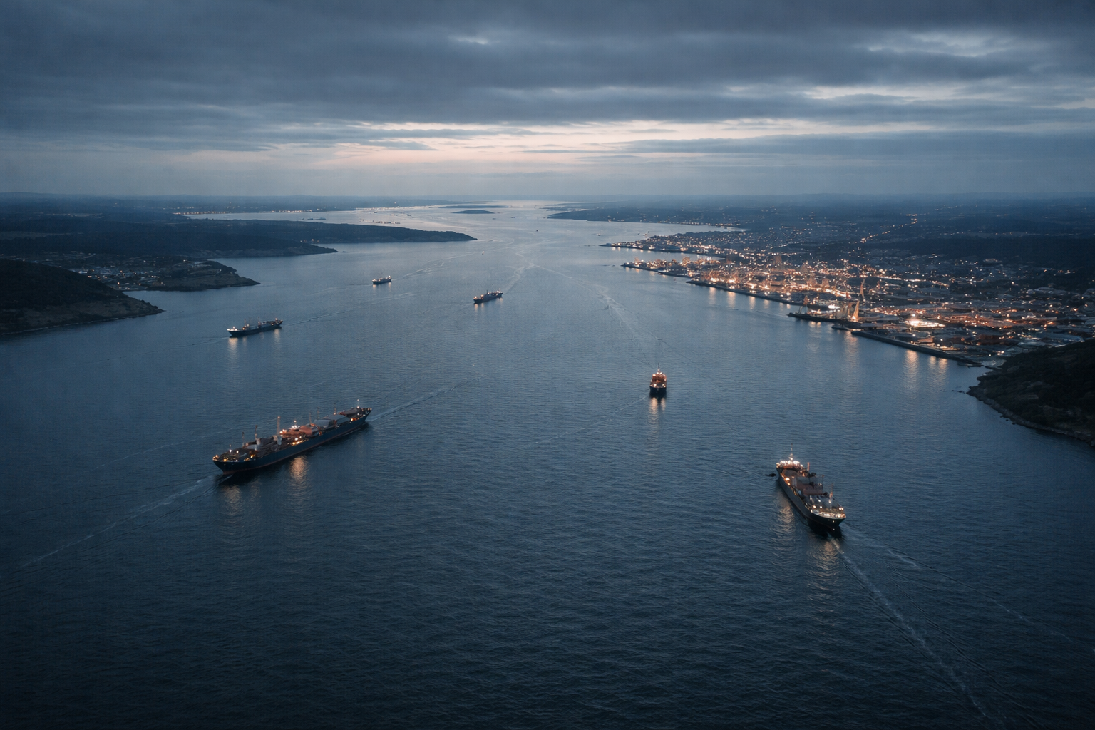 Aerial view of a Nordic coastline at dusk showing distant shipping traffic and port facilities along the shore, with calm waters and overcast sky dominating the frame.