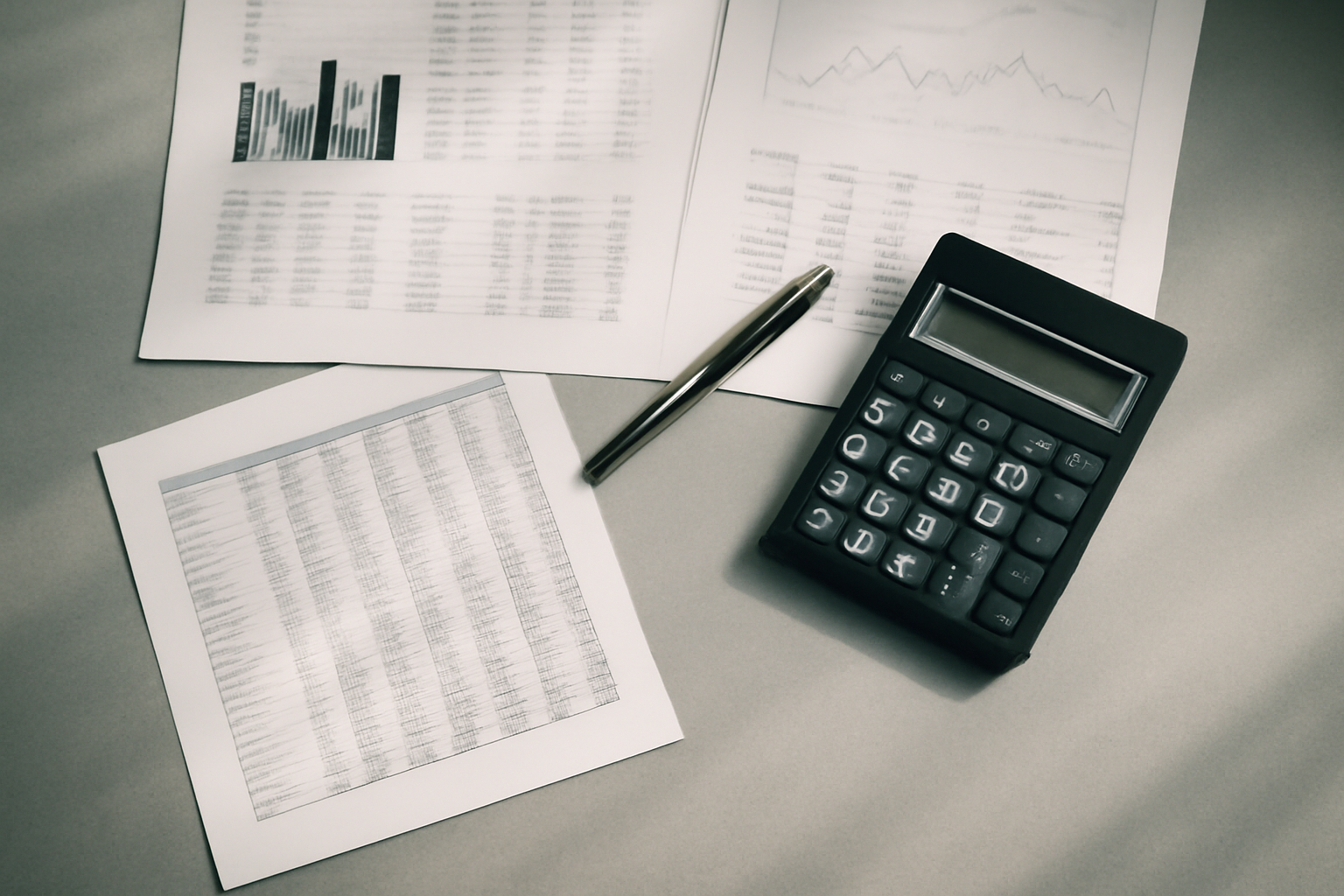 A bird's-eye view of a desk scattered with financial documents and calculation tools in soft natural light, suggesting investigation of complex financial matters.