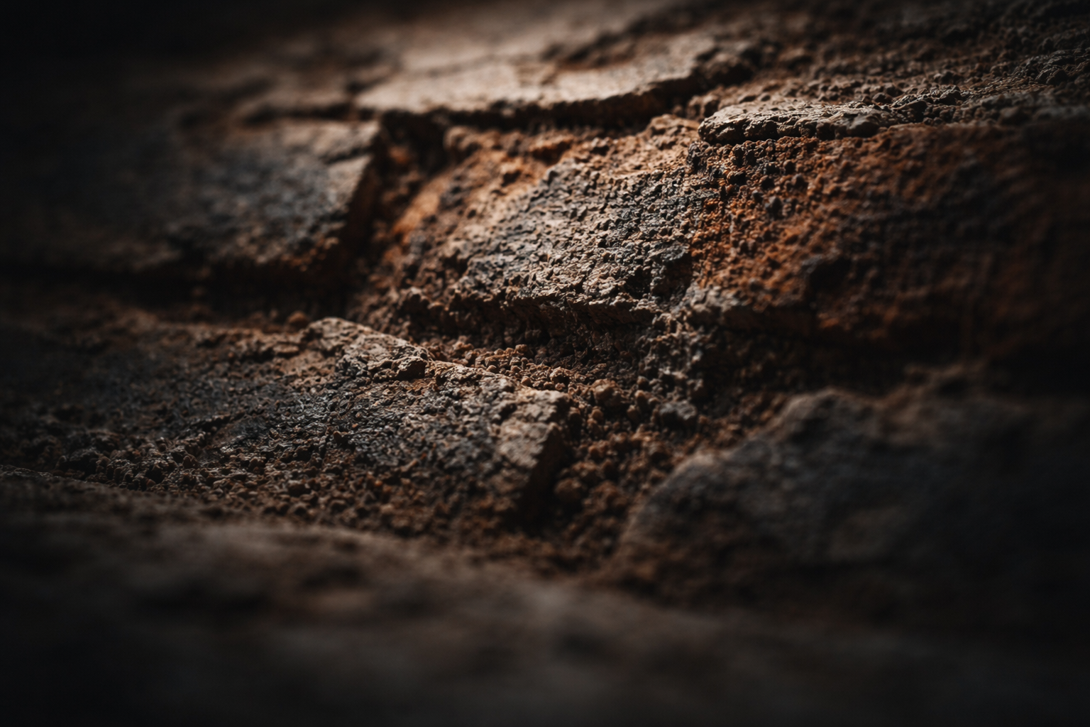 Close-up detail of a construction material's weathered surface, lit with dramatic side-lighting that emphasizes texture and depth.