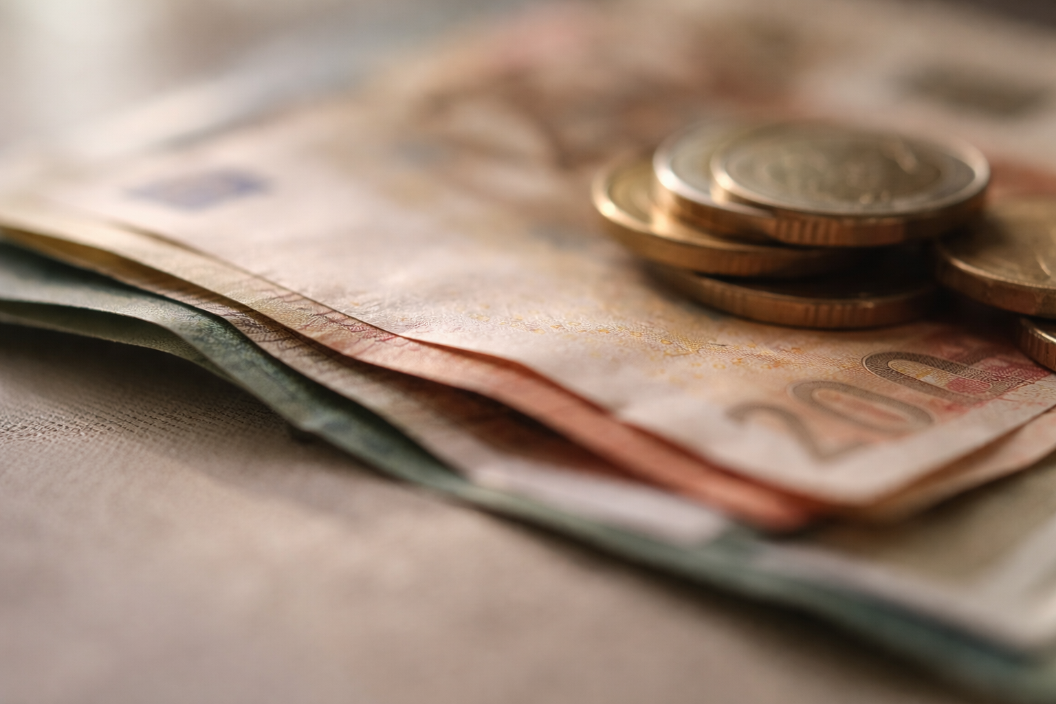 Close-up photograph of euro banknotes and coins lit with soft natural light, with selective focus on texture and depth of field.