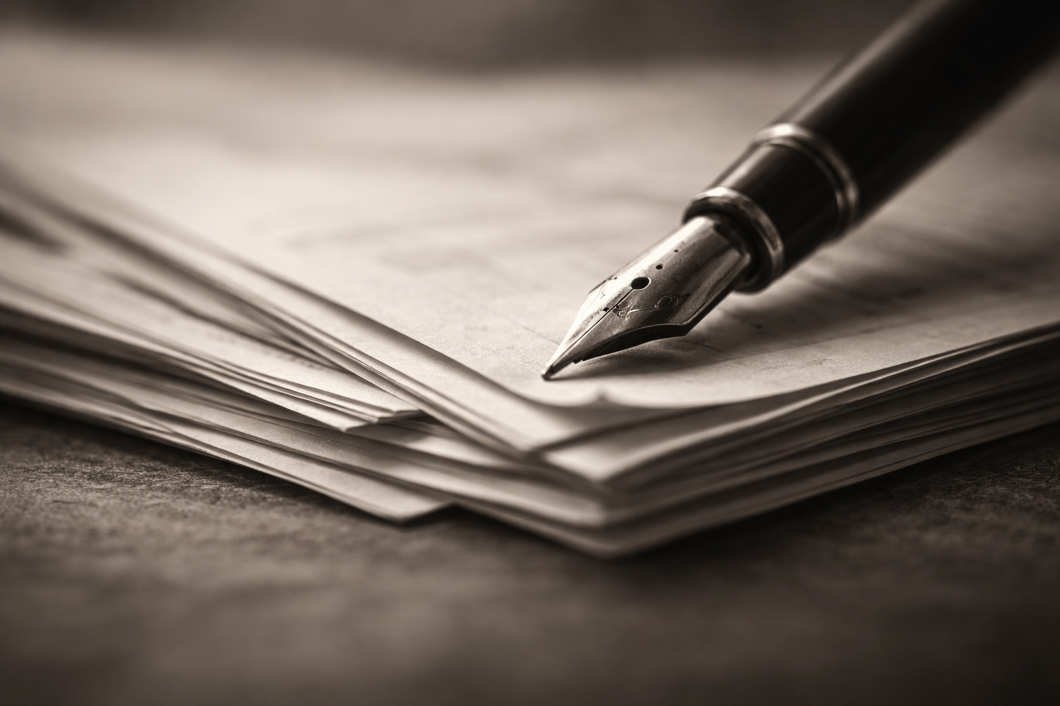 A close-up of a fountain pen resting on stacked papers under soft natural light, with shallow focus emphasizing the pen nib and document texture.