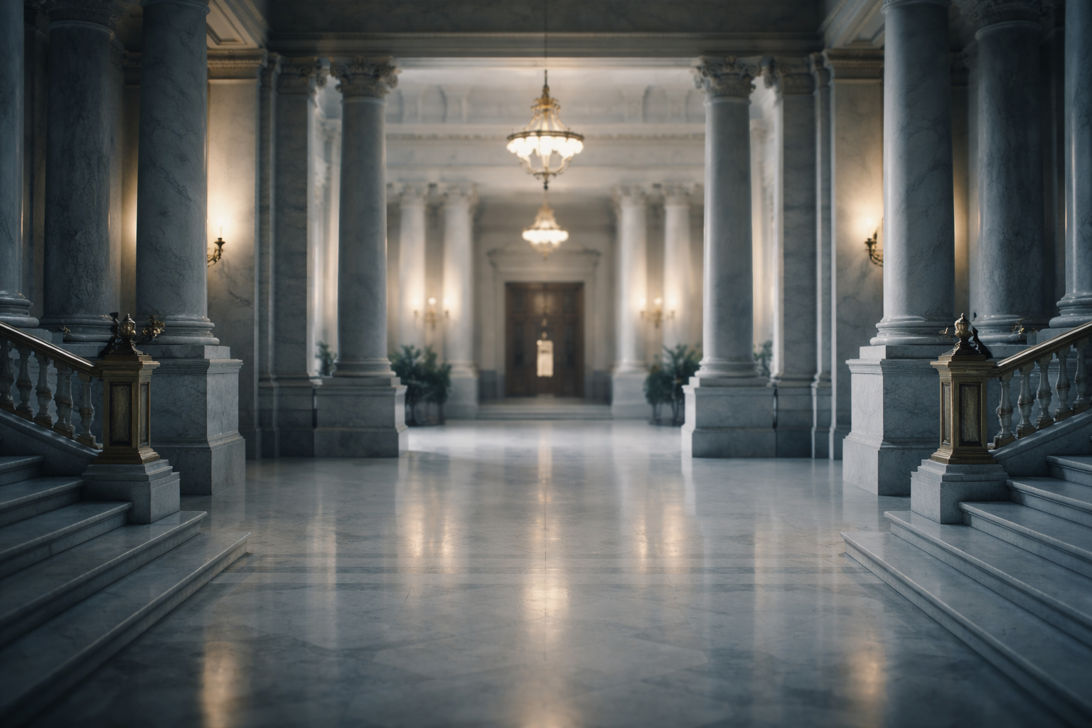 A formal government building's architectural interior or facade, rendered in muted institutional tones suggesting regulatory authority and official proceedings.