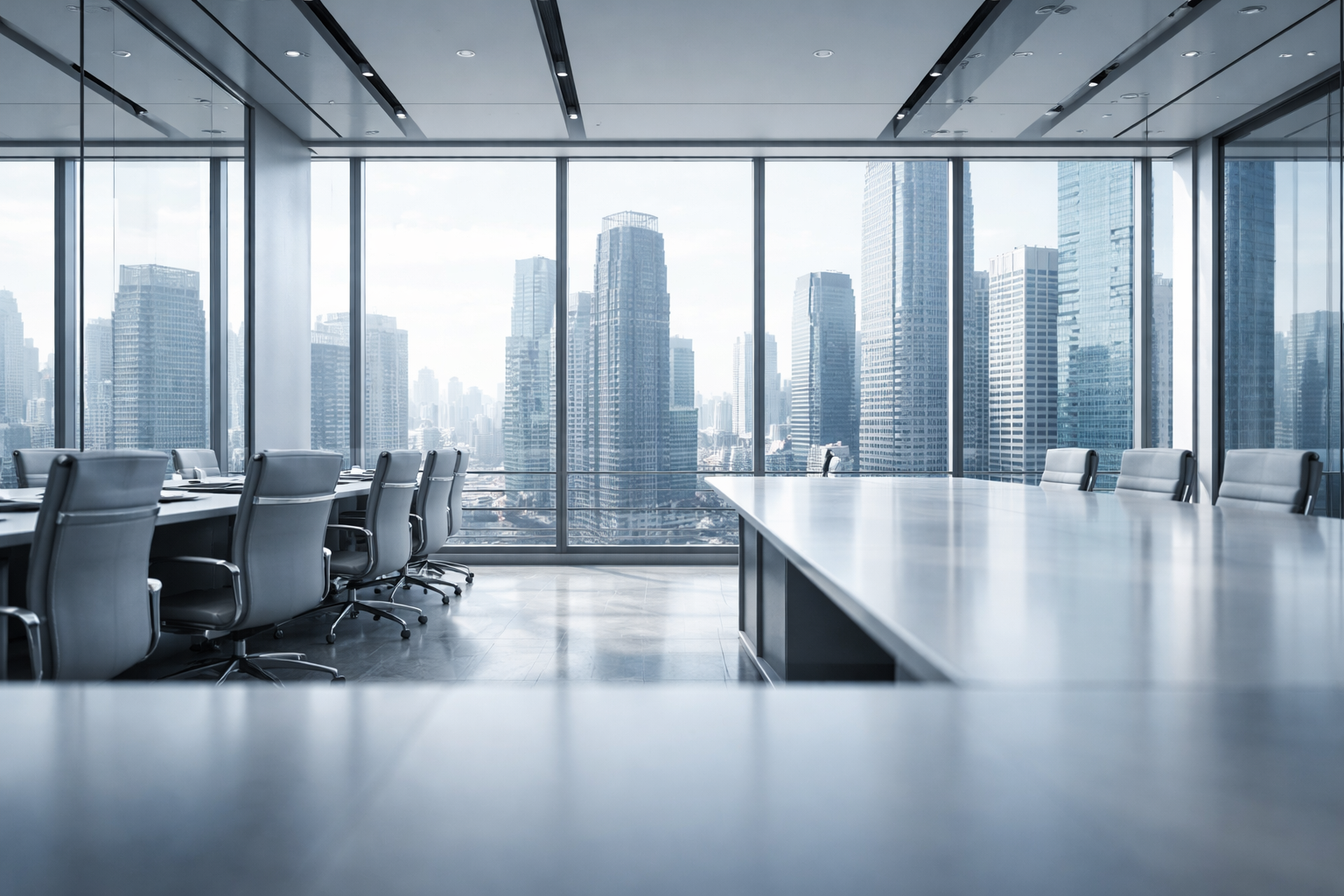 Interior of a contemporary financial institution's office with modern architecture, glass partitions, and city views visible through windows, rendered in muted tones.