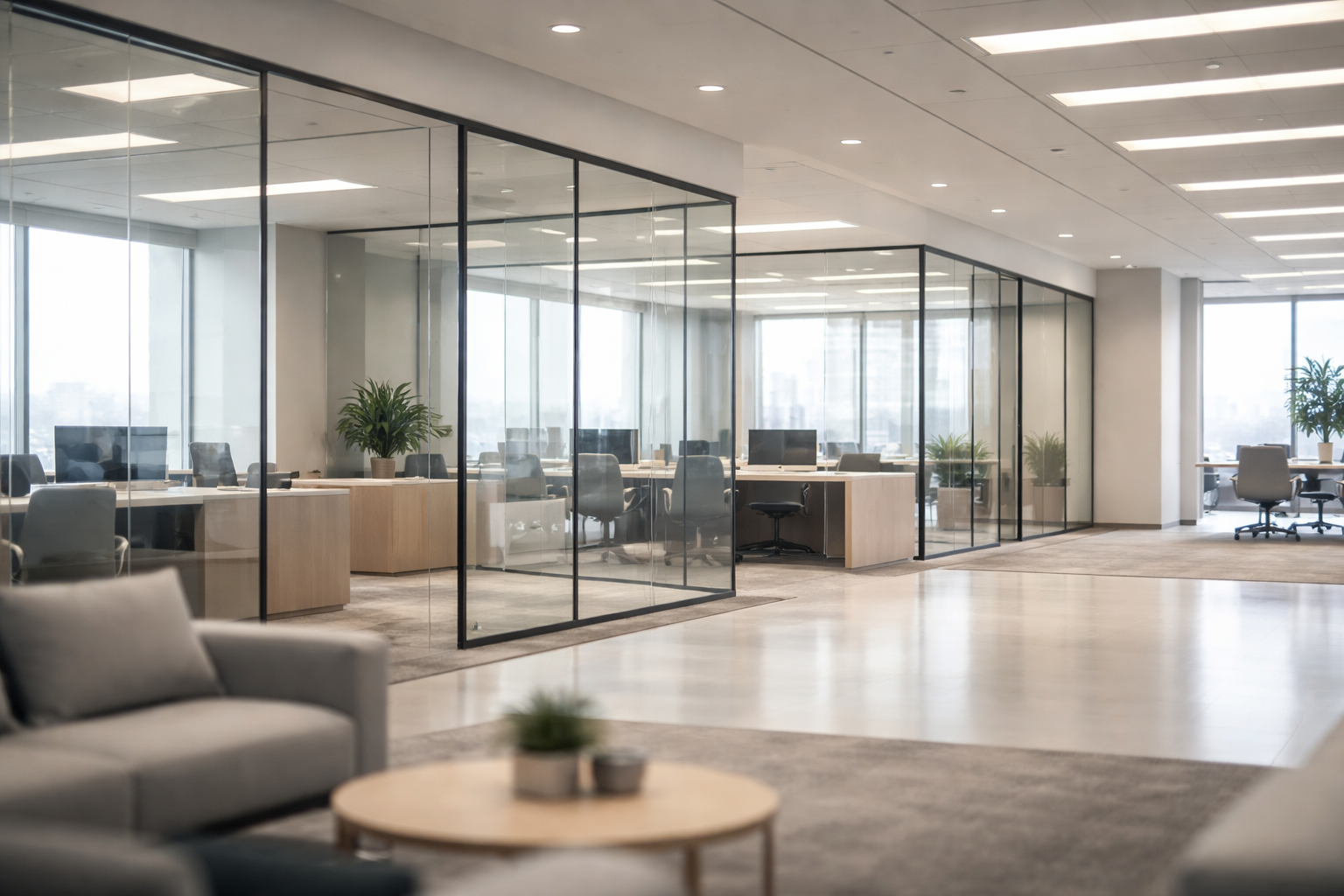 An interior view of a modern financial regulatory office with glass walls, natural light, and minimal institutional furnishings in neutral tones.