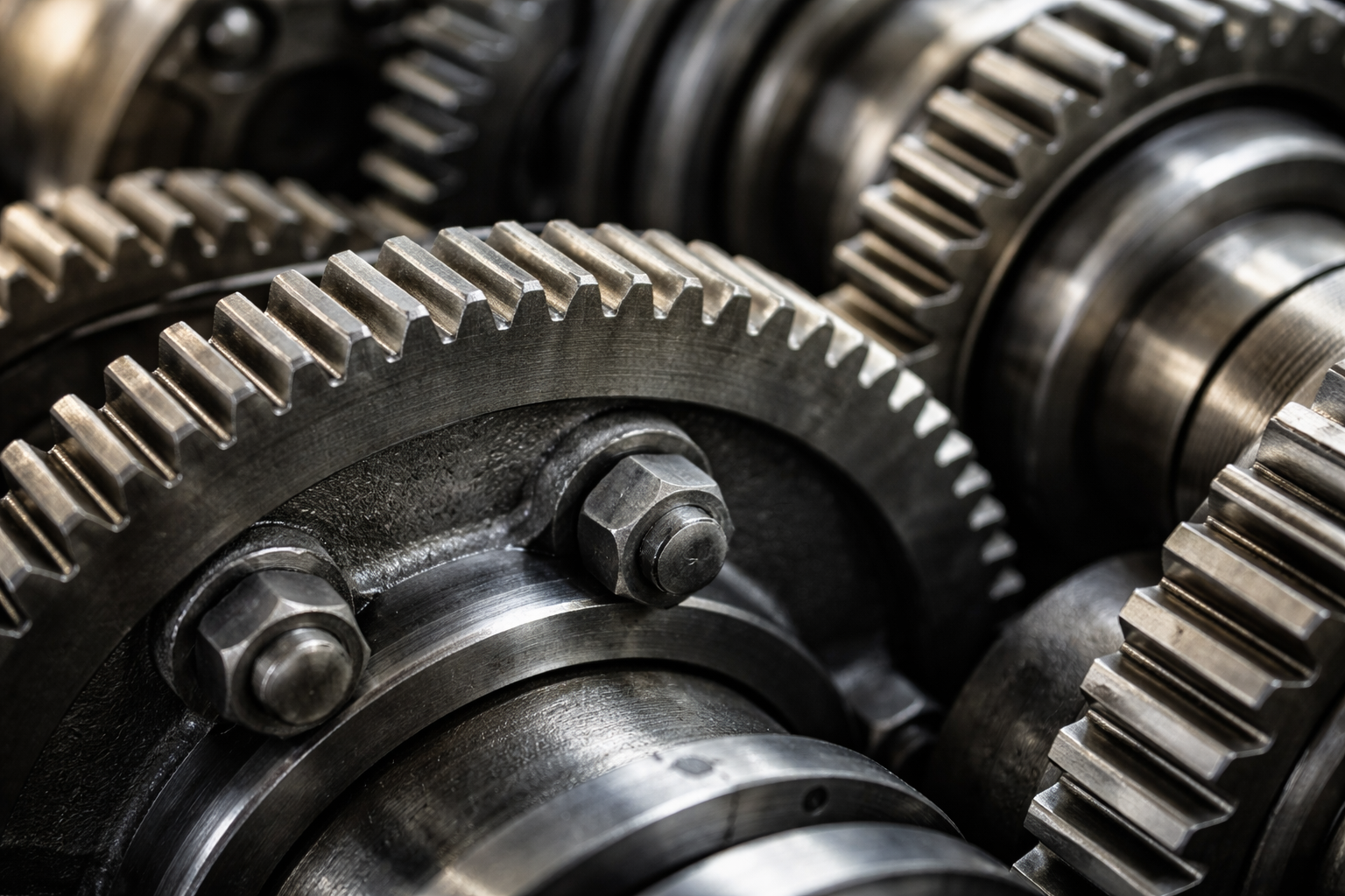 Macro shot of interlocking steel gears and industrial machinery components with selective focus and soft natural lighting.