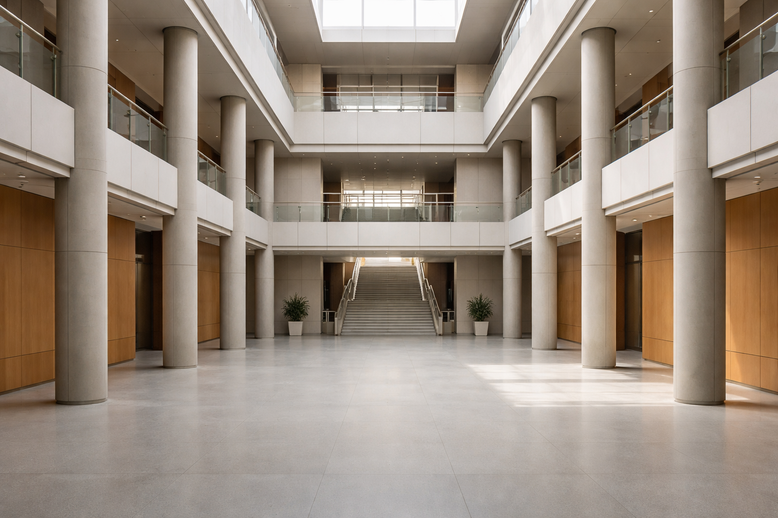 A modern institutional building interior with geometric architecture, natural light, and neutral tones, conveying a sense of governmental order and coordination.