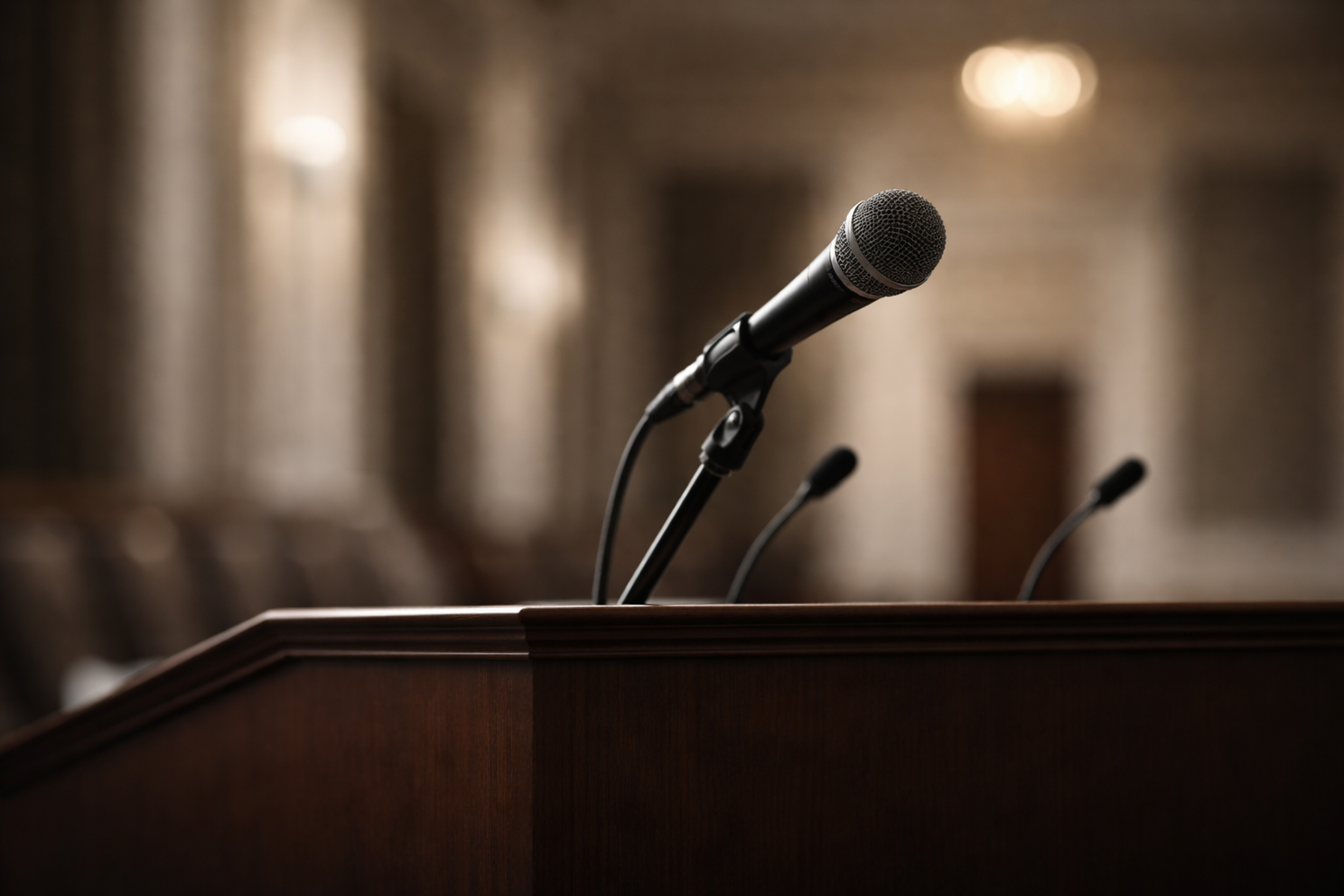 A microphone positioned at a podium with soft side lighting and blurred institutional background, shot in shallow focus with muted tones.