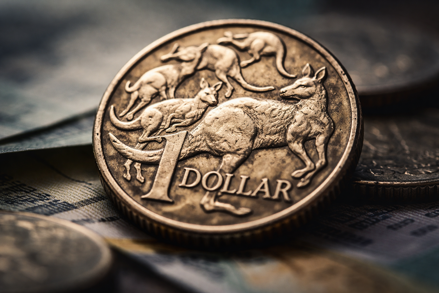 A close-up photograph of an Australian dollar coin in soft focus with blurred currency visible in the background.