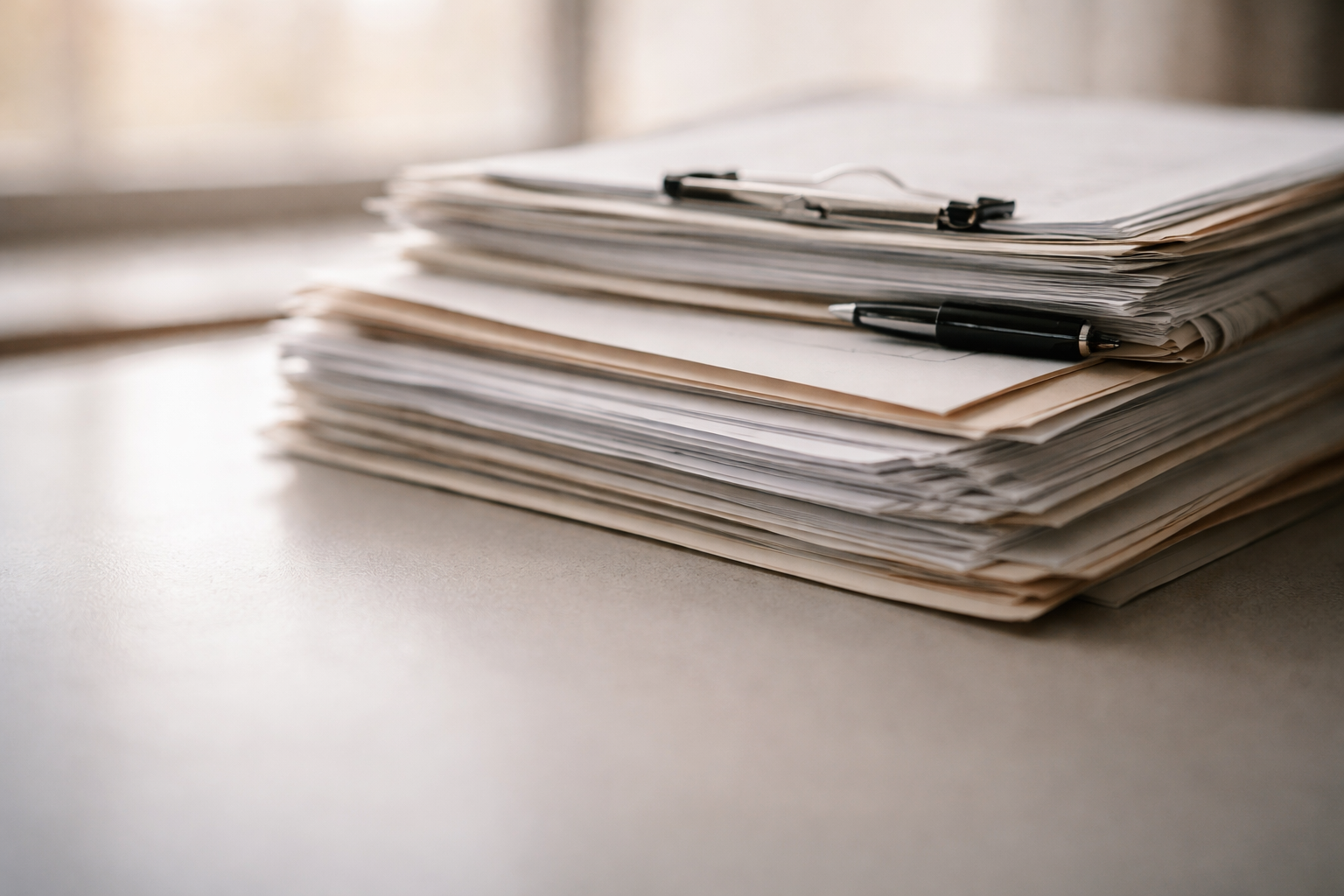 Stacked compliance documents and forms photographed in soft natural light, with selective focus suggesting regulatory frameworks and documentation processes.