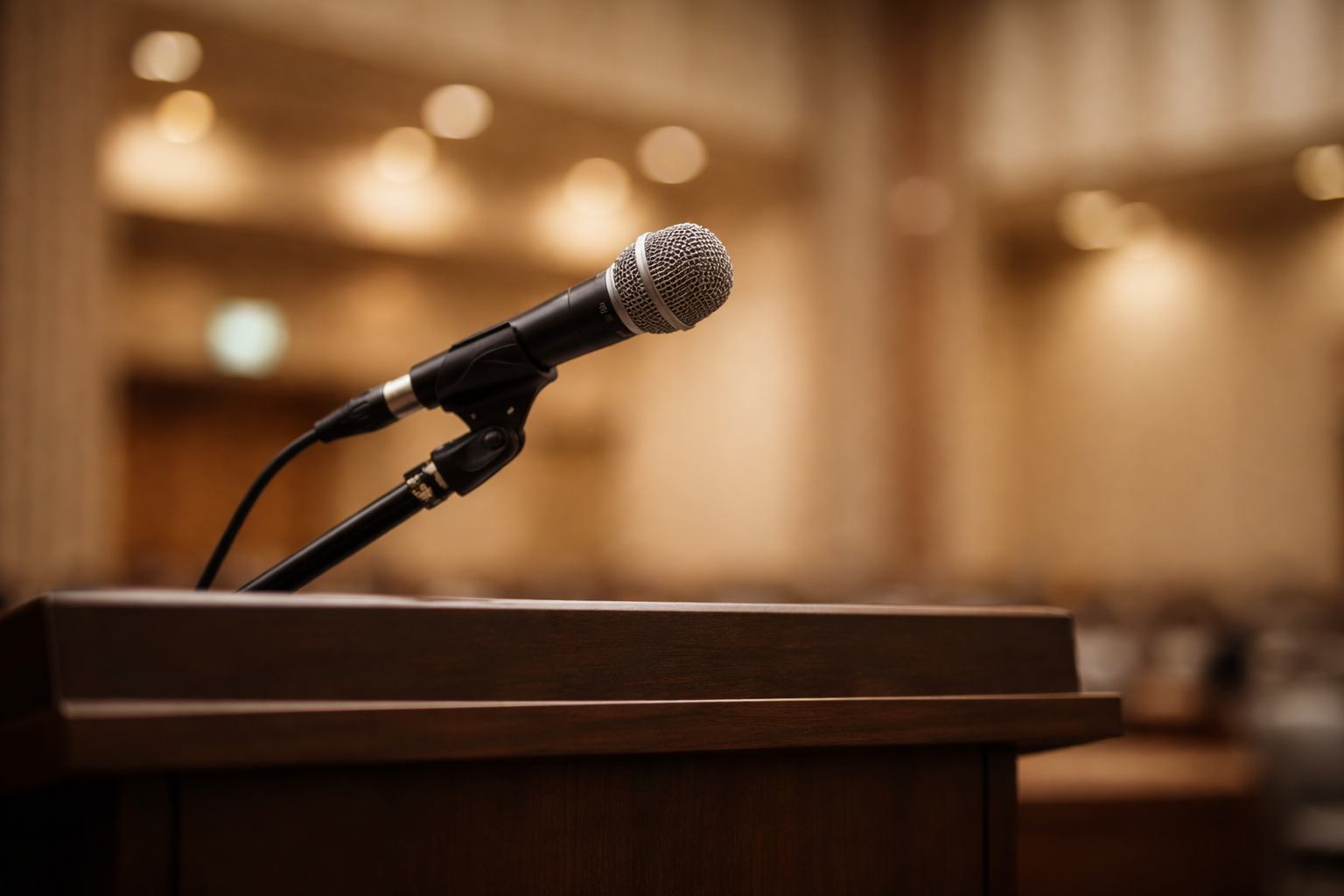 A microphone mounted on a podium photographed from below with soft warm lighting, surrounded by blurred institutional background elements.