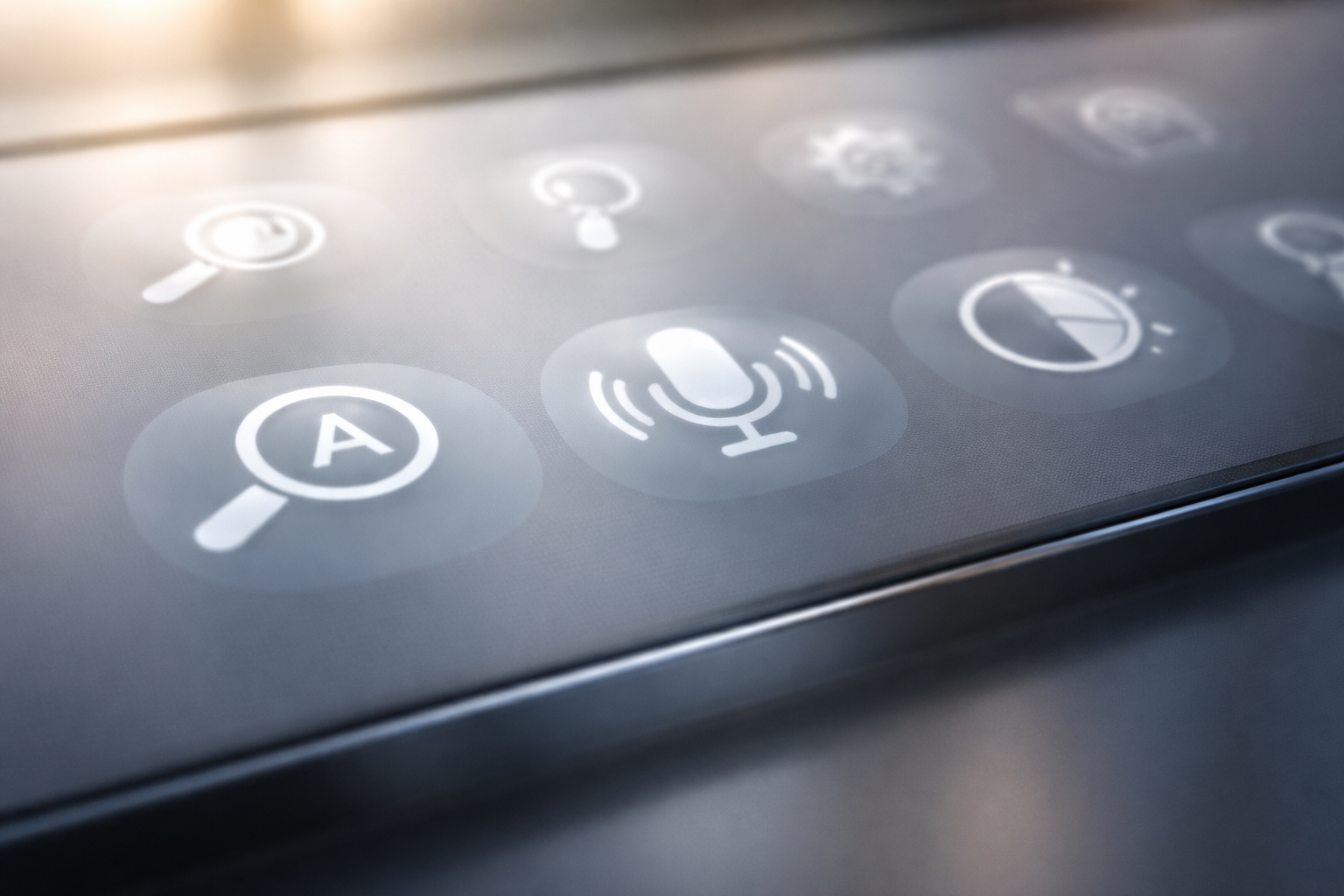 A macro photograph of a digital interface showing accessibility control icons in soft focus, lit by warm natural light against a neutral backdrop.