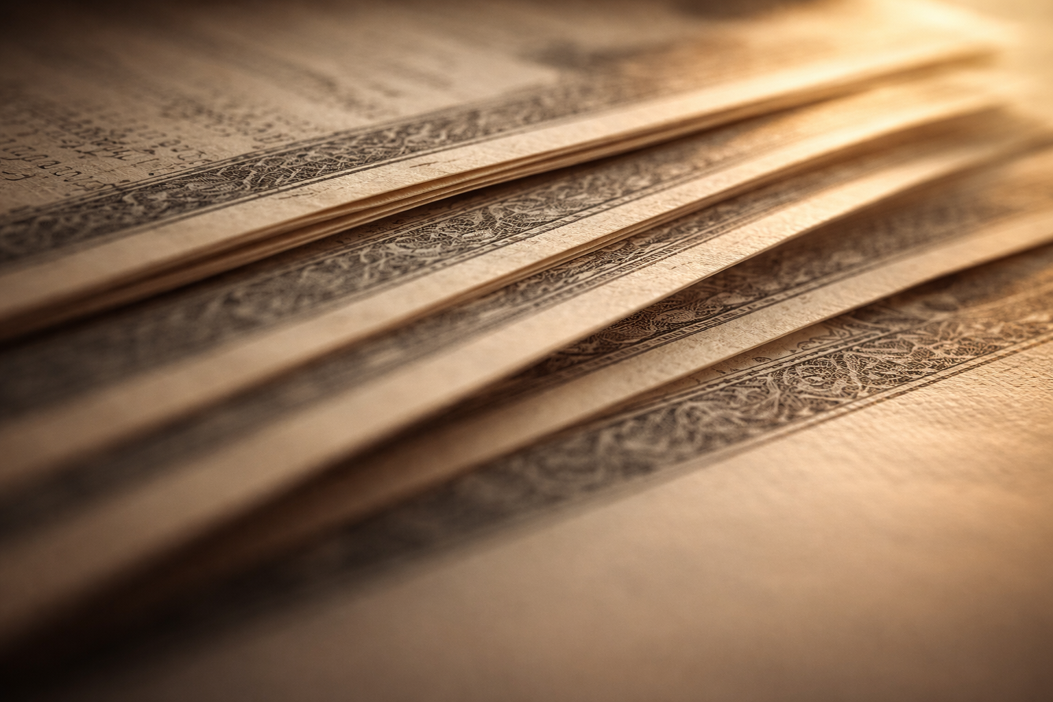 A close-up photograph of layered financial documents with warm sidelight emphasizing their texture, against a soft blurred background.
