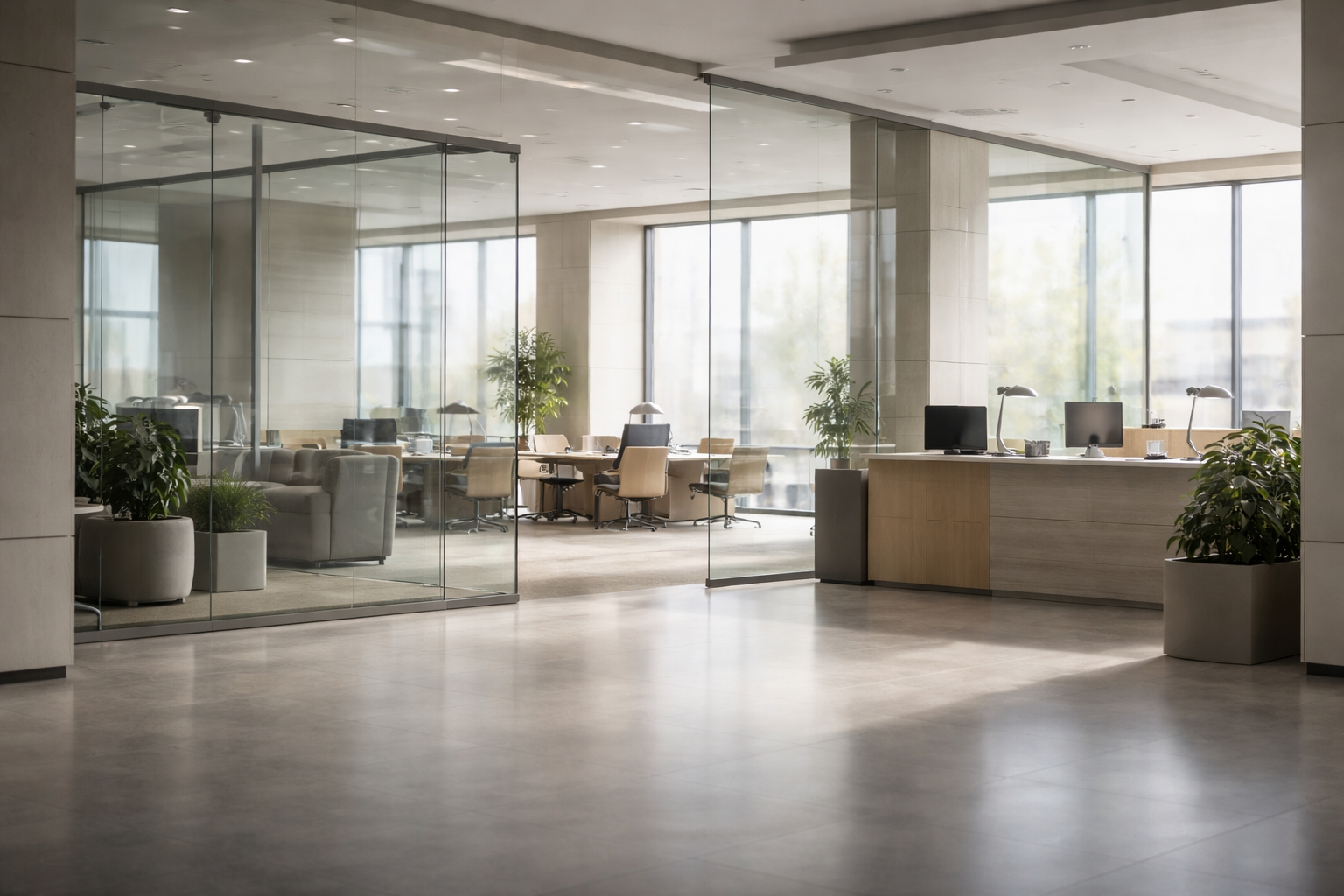 Interior of a professional regulatory office with modern architecture, natural light, and minimalist furnishings, emphasizing an institutional workplace environment.