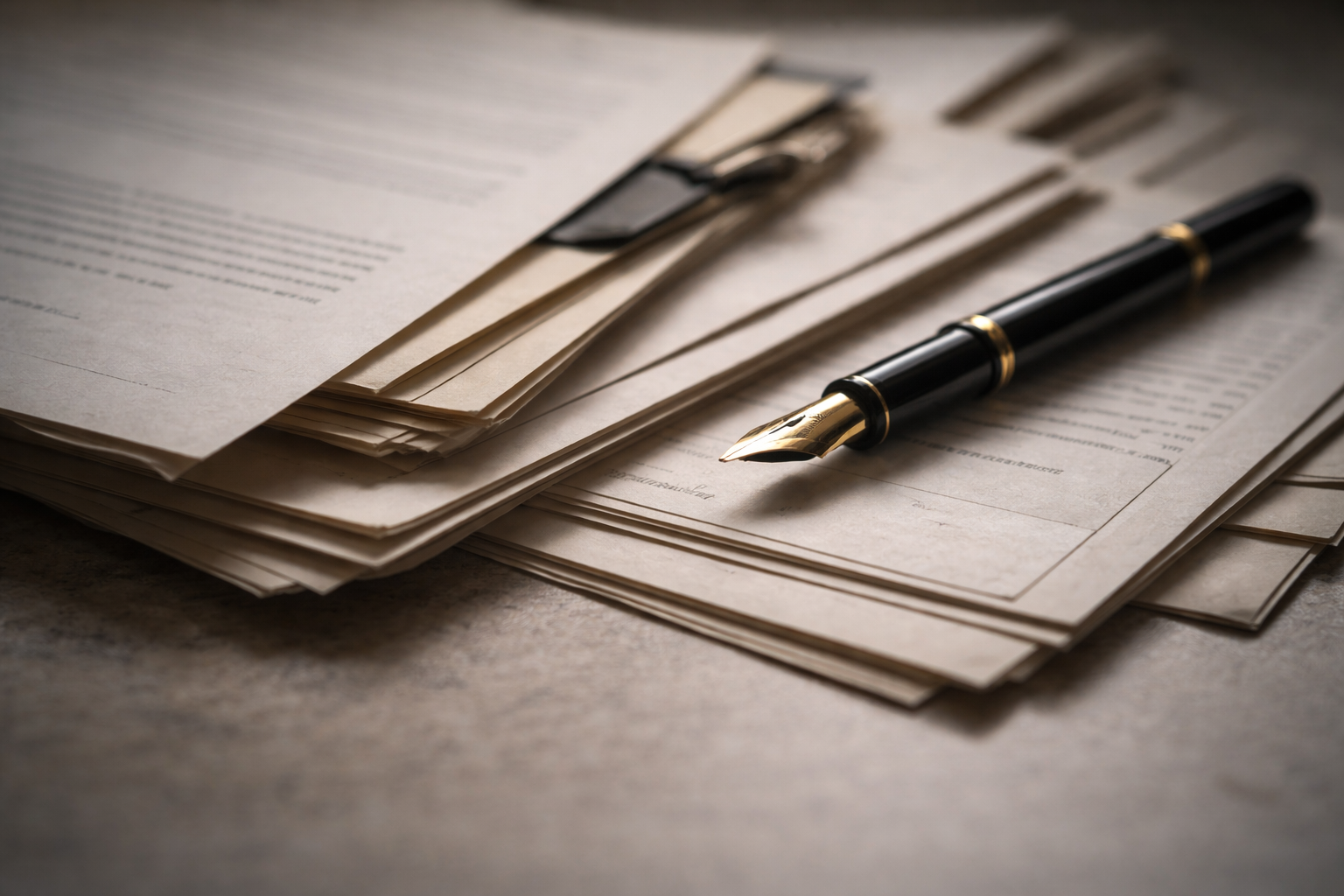 Stacked government documents and forms with a fountain pen lying across them, photographed in soft natural light from above.
