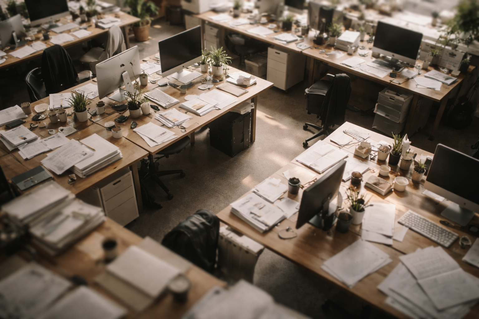 Overhead view of an office workspace with desks, papers, and keyboards bathed in soft natural light, conveying active employment and workplace activity.