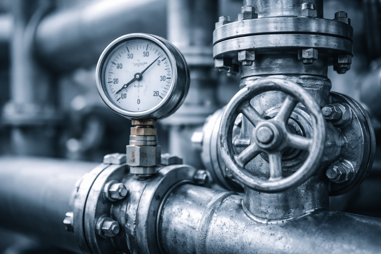 Close-up of industrial valve and gauge components in muted blue-grey light, showing precision metalwork and mechanical detail typical of energy infrastructure.