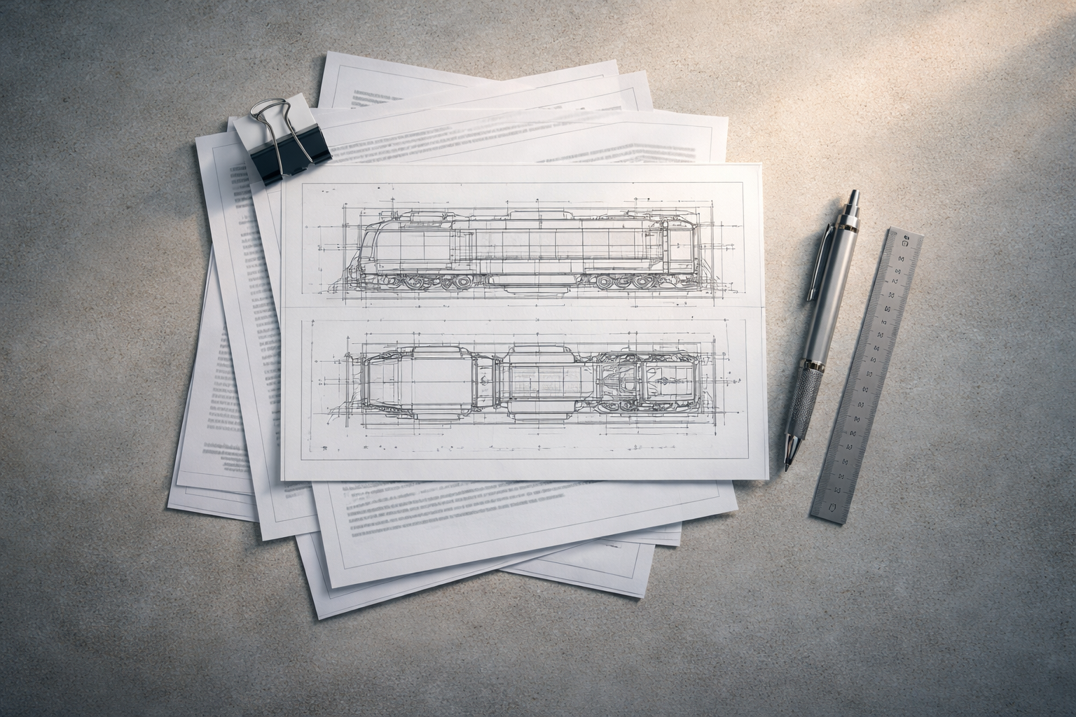 Top-down view of layered generic contract pages and a locomotive engineering sketch clustered in the upper two-thirds of a table, soft cool light and an empty lower third.