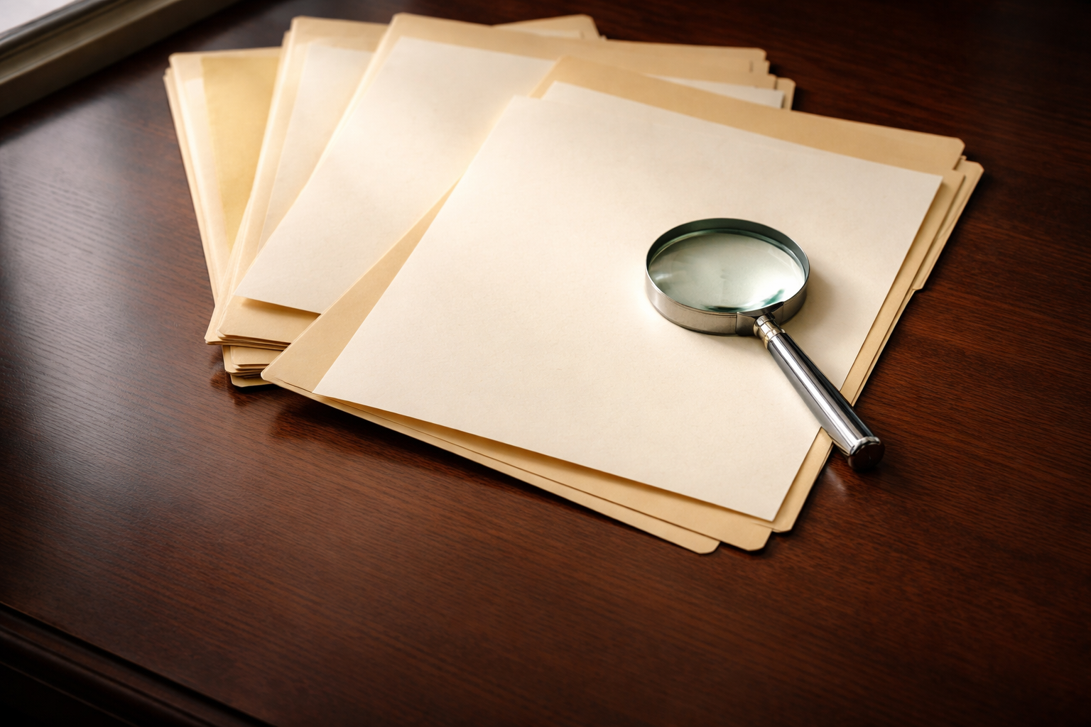 Unmarked legal folders, blank papers and a magnifying glass rest on a softly lit dark wooden desk.