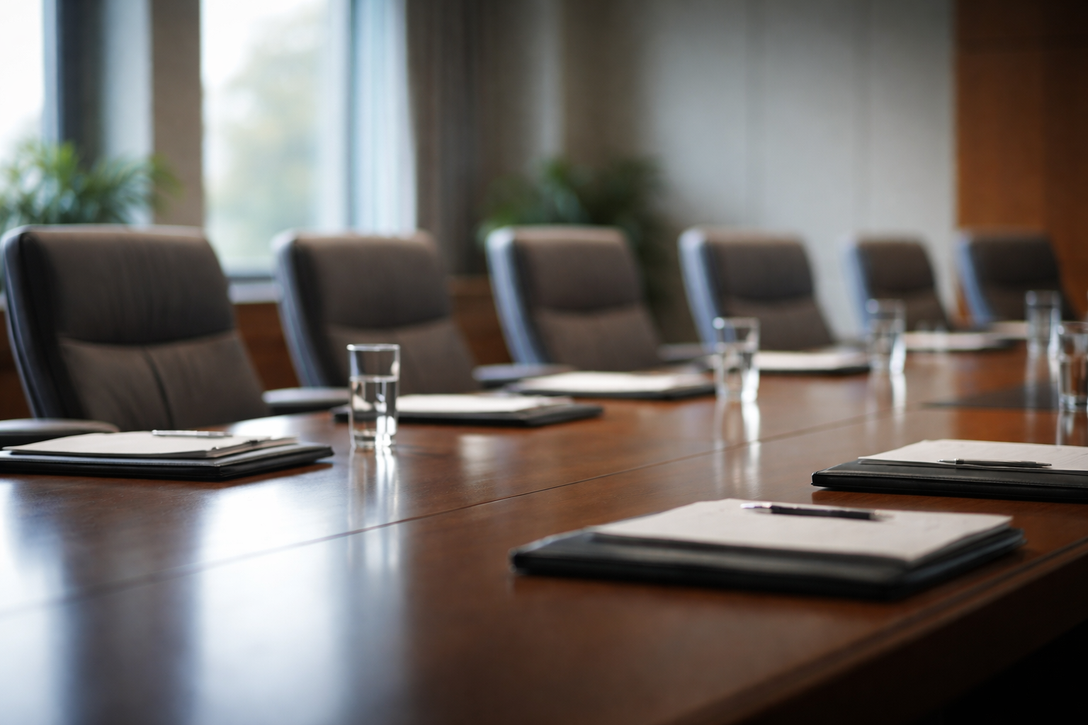 An institutional conference room with natural light, empty seats arranged around a polished table, and office materials, suggesting a formal regulatory or advisory meeting.