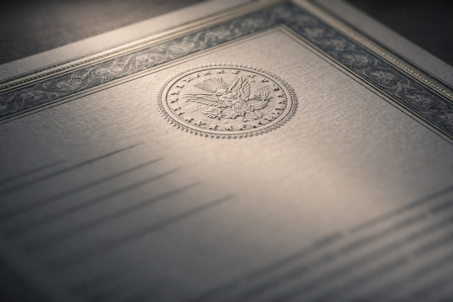 A close-up of an official document with an embossed seal and crisp creases, lit from the side to emphasize its textured surface, rendered in muted greys and creams.