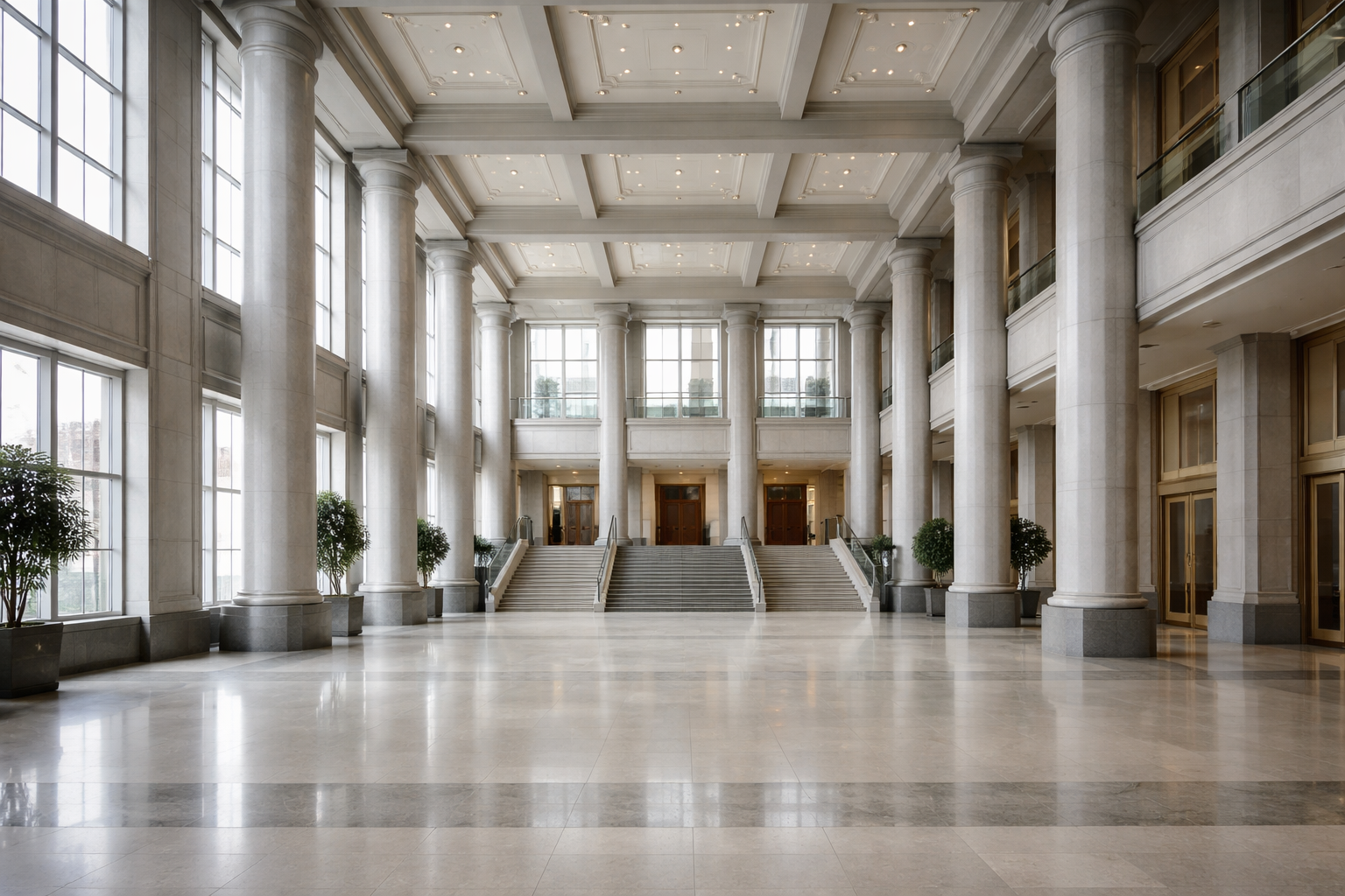 Interior of a modern financial regulatory institution featuring classical architecture with columns and marble, photographed in natural light.