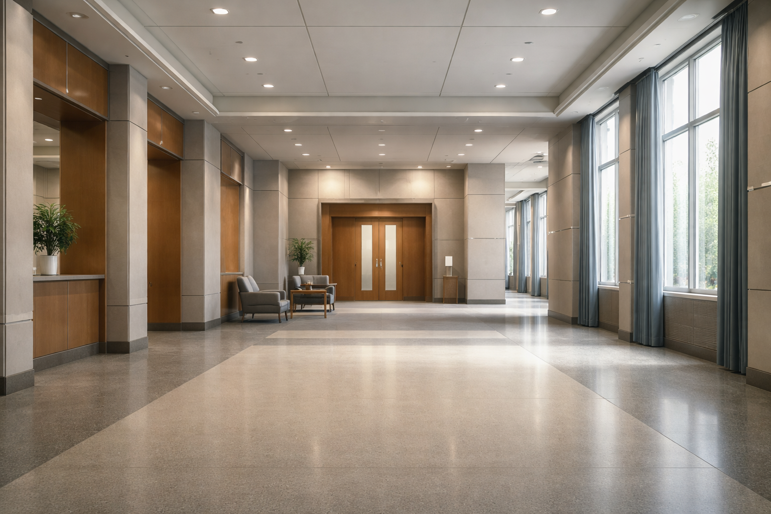 A modernist government office interior with formal hallways, large windows and institutional architecture in neutral tones.