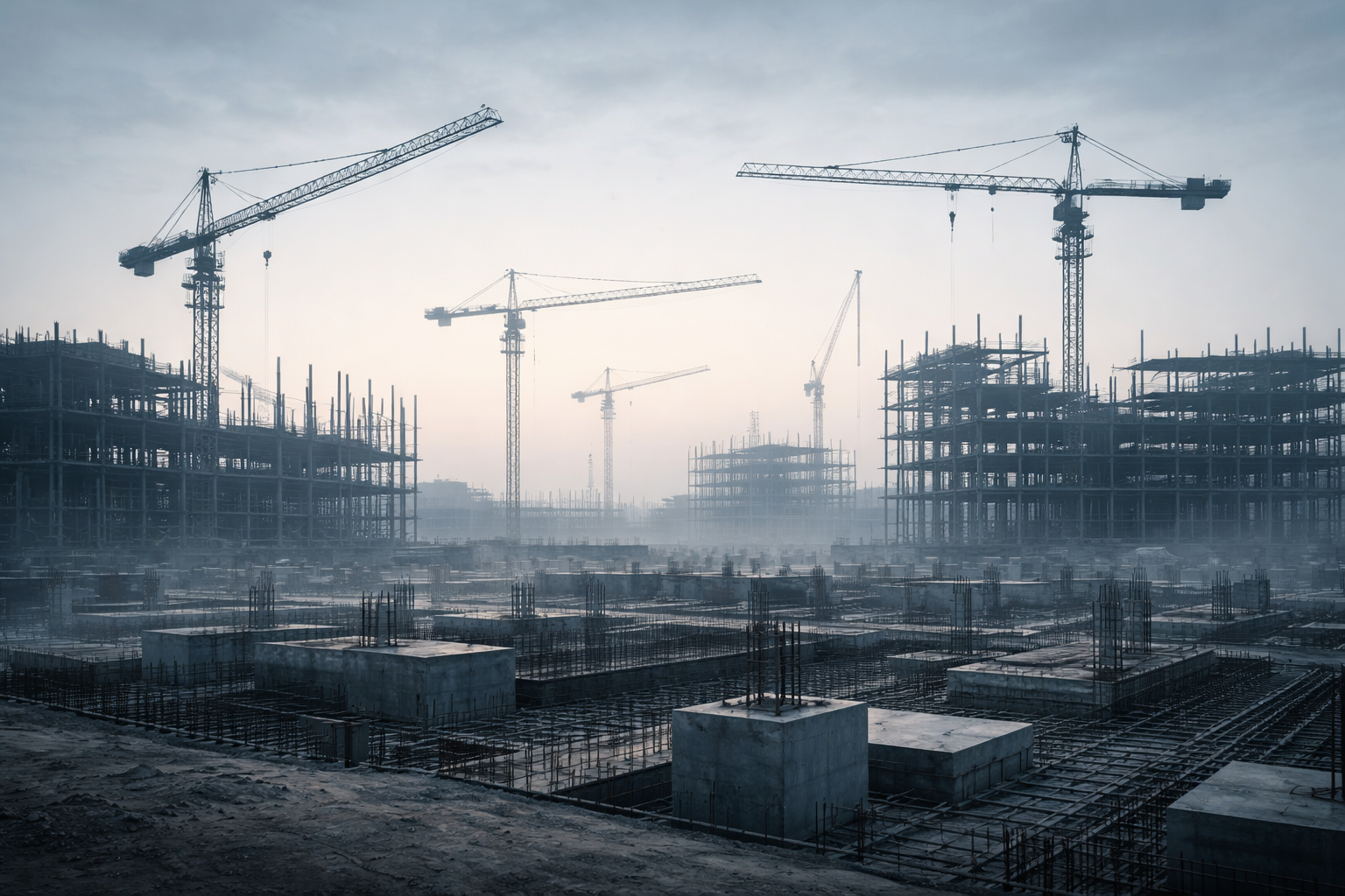 A construction site at daybreak showing steel framework and cranes under soft, diffused light against a muted sky.