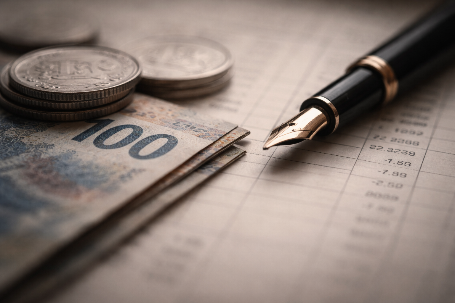 Macro detail of a fountain pen resting on currency and financial documents, lit softly with shallow focus.