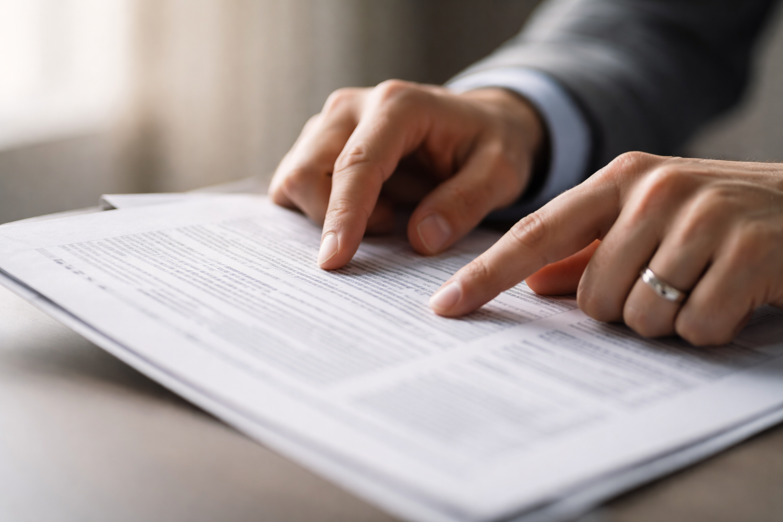 Hands holding and examining a financial document in close detail under soft natural lighting.
